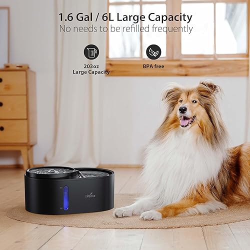 Miniatura 2 de iPettie Fuente de agua para perros en cascada, agua filtrada higiénica de 5 etapas, 2 alturas para beber, alerta de escasez de agua, luz nocturna