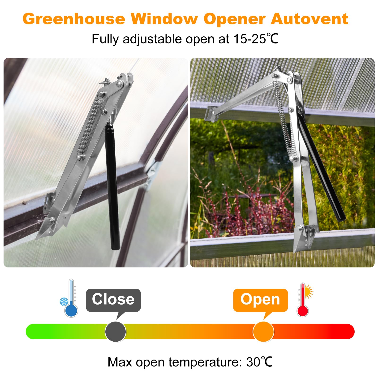 Abreventanas automático de doble muelle para invernaderos – Sistema de ventilación termorregulado 15 – 30 °C, capacidad de elevación 15 kg, apertura 45 cm (2 unidades)
