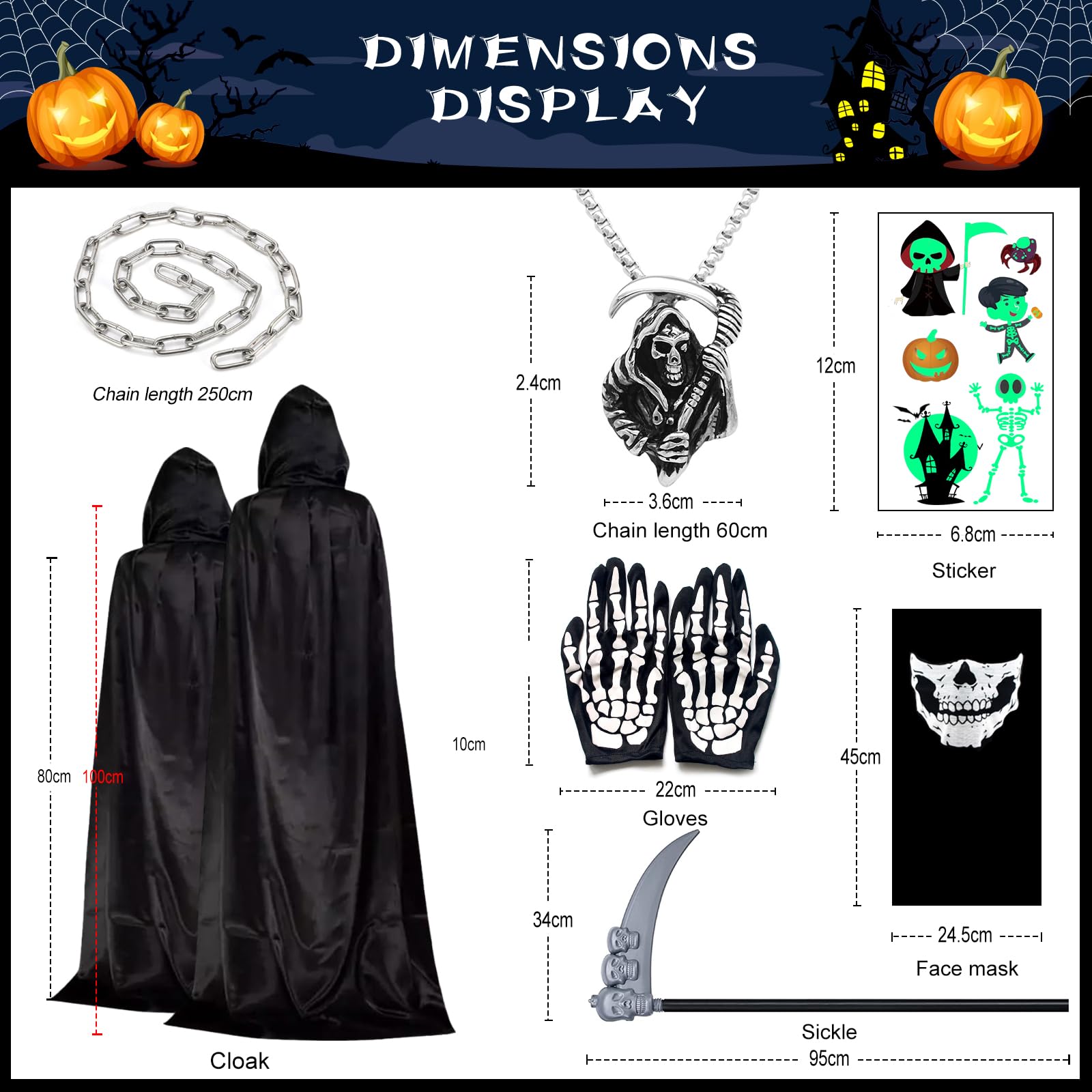 ATOWORLD Halloween Grim Reaper Costume Kids Boys 8-9 10-12 13-14 Skeleton Costume Kids Girls Grim Reaper Cloak Halloween Scythe Grim Reaper Cape Scream Mask Gloves Grim Reaper Outfit Skeleton (100CM) - Image 4