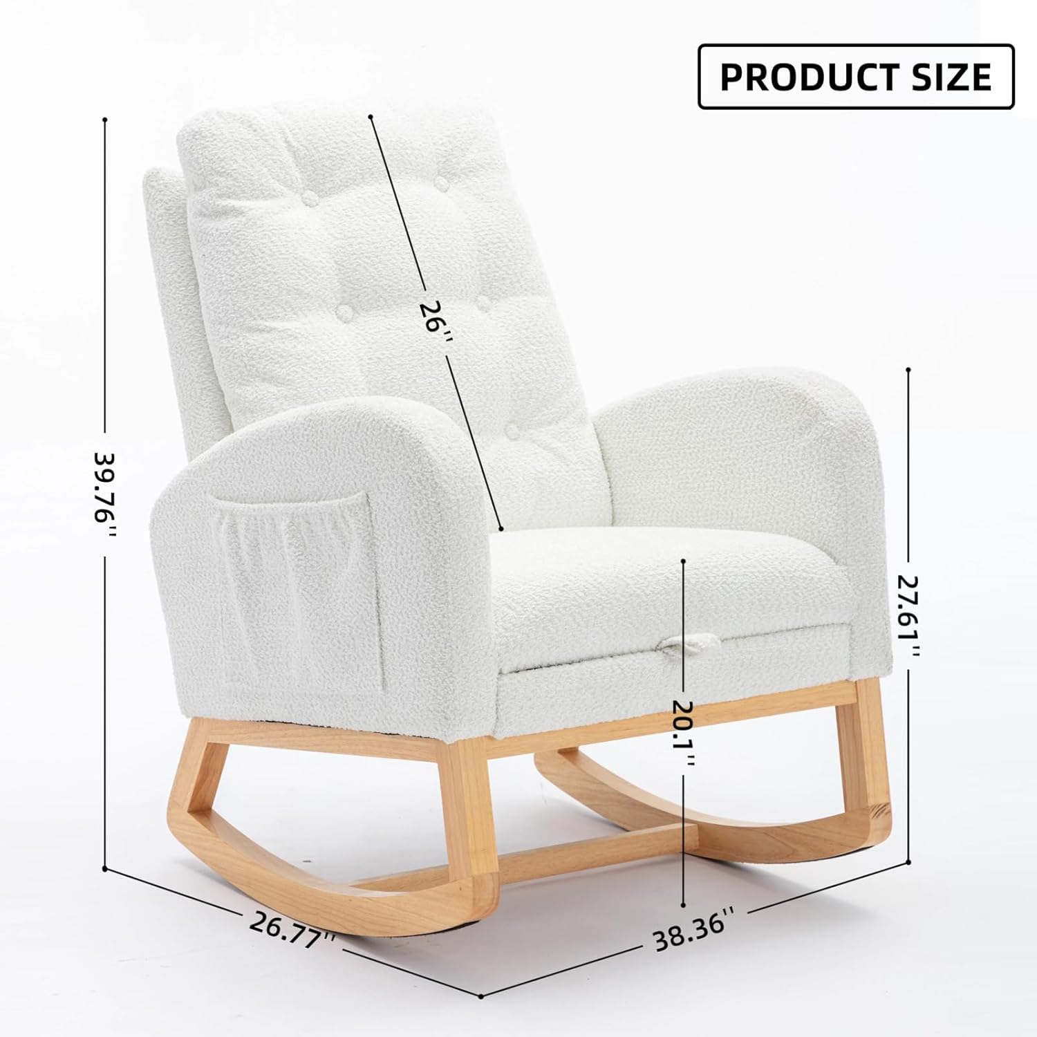 Midcentury Modern Accent Rocking Chair with Footrest, Nursery Rocking Chairs with Side Pocket & Wood Legs, Upholstered High Back Armchair Lounge Reclining Chair for Living Room/Bedroom (White)
