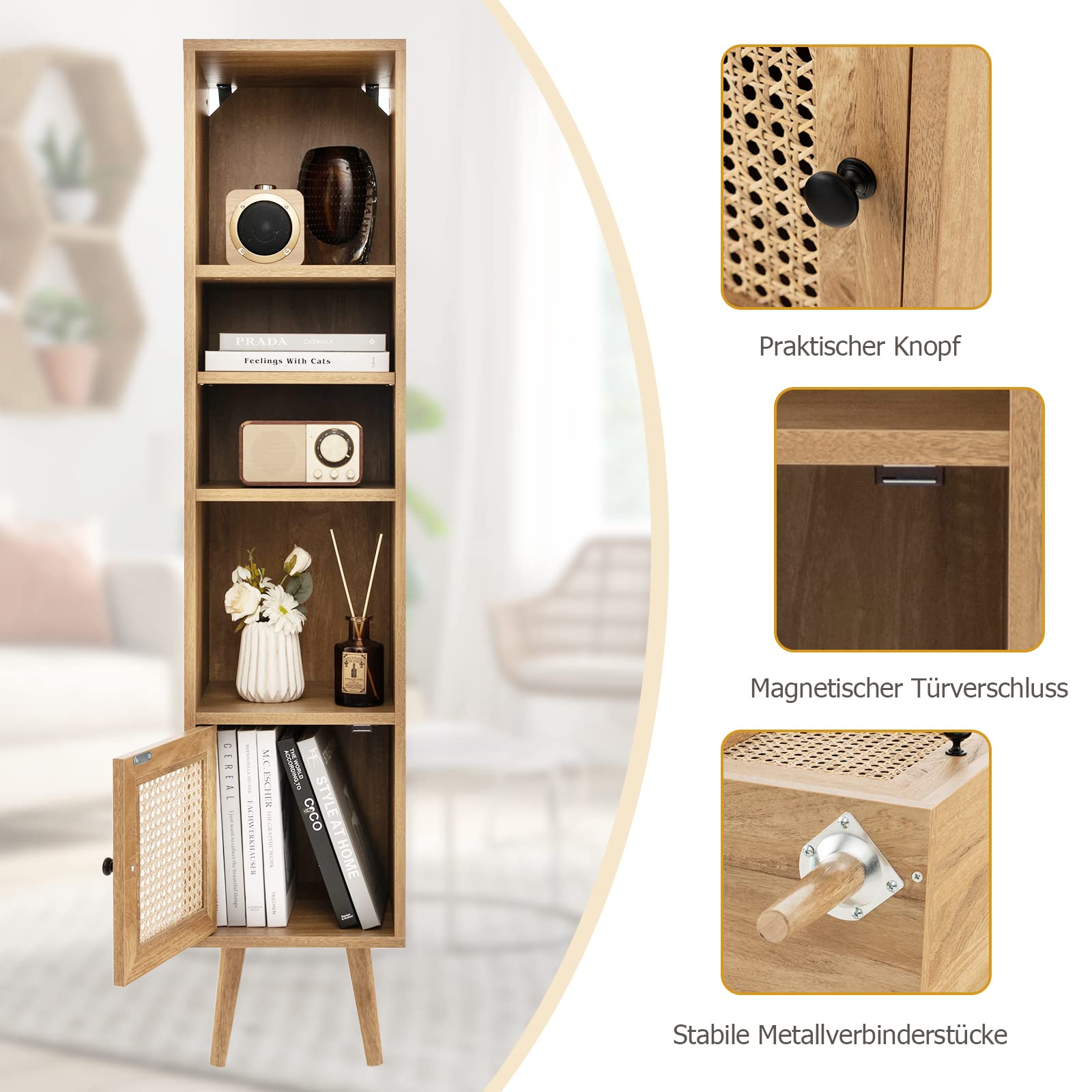 COSTWAY Wysoka szafka rattanowa, regał na książki z 4 półkami i drzwiami rattanowymi, komoda w stylu boho, 29,5 x 29,5 x 137 cm, JV10828BNDE, naturalny