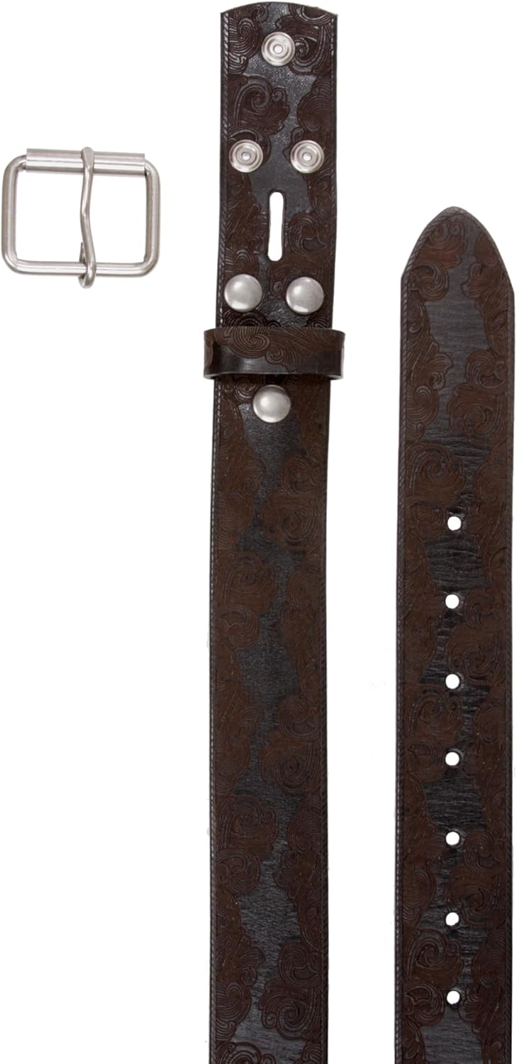 Snap On Soft Hand Floral Embossed Vintage Cowhide Full Grain Leather Casual Jean Belt