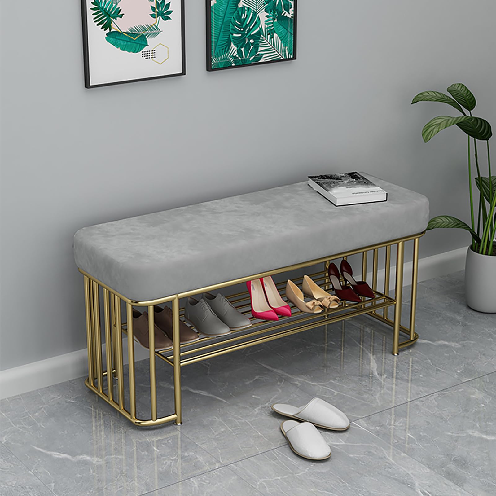 Banc de chambre moderne en velours et étagère à chaussures pour sublimer votre salon