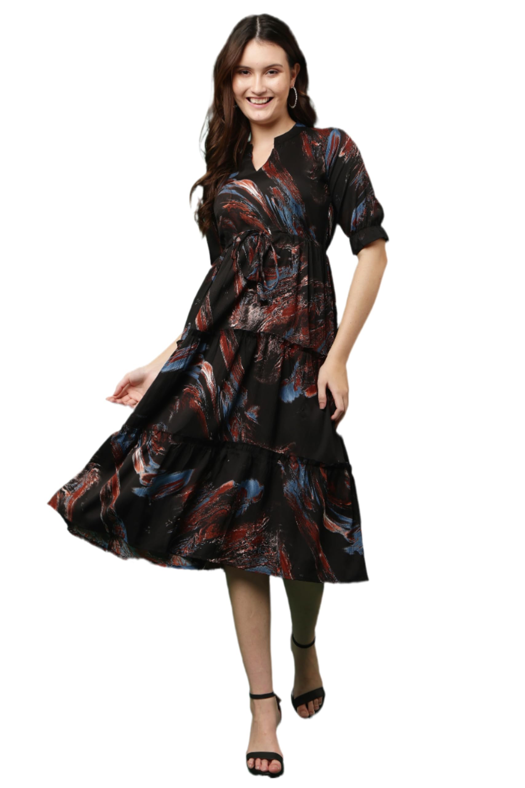 justher Frock for Women Stylish Black Frock Suit Set | Multi-Tiered Midi Western Dress for Women | Elegant Black Dress for Woman-picture-56