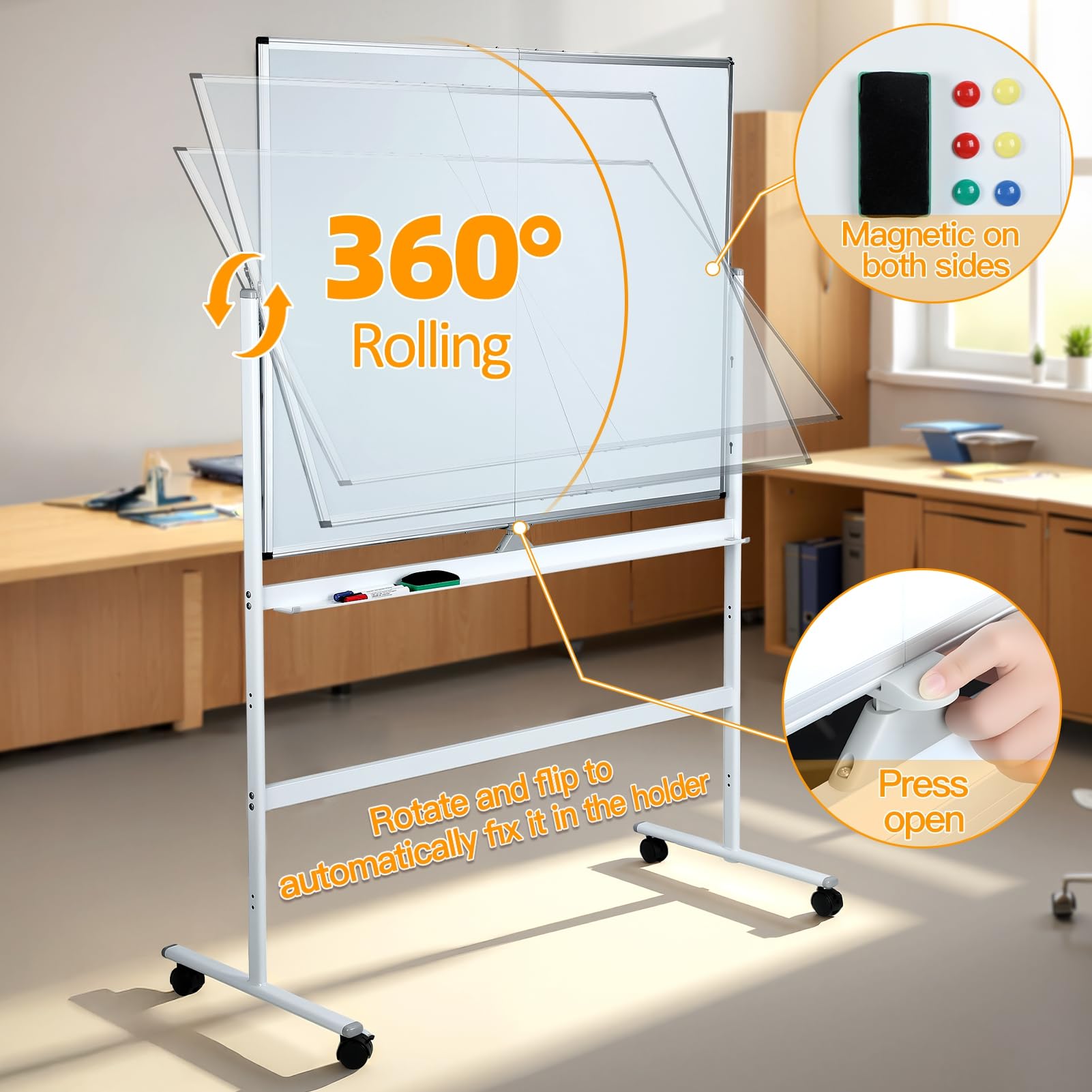 Pizarra blanca magnética móvil – Pizarra blanca rodante de doble cara 126 x 90 cm – Pizarra grande reversible de borrado en seco, caballete de pie con ruedas con soporte
