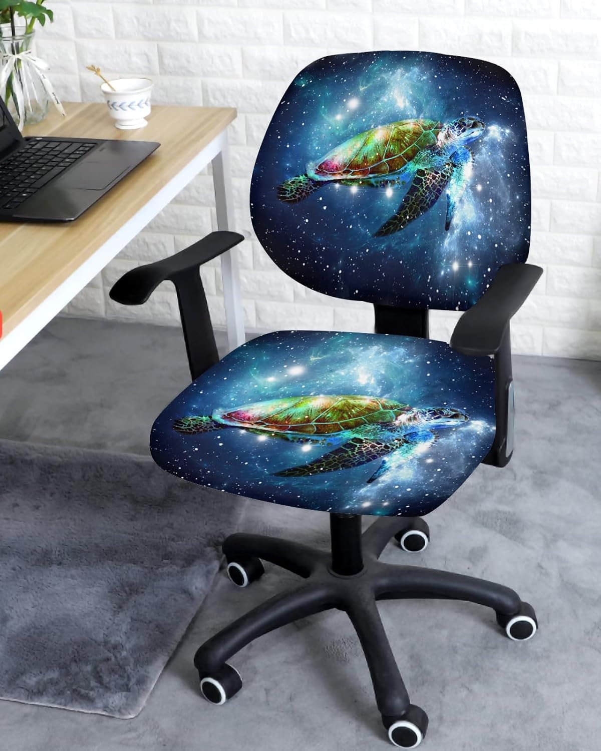 LiDU Sea Turtle Office Chair Cover - Stretch Rotating Computer Chair Seat Back Covers, Nautical Coastal Starry Sky Navy Blue Ombre Desk Chair Covers Stretchable Office Chair Slipcovers Protectors