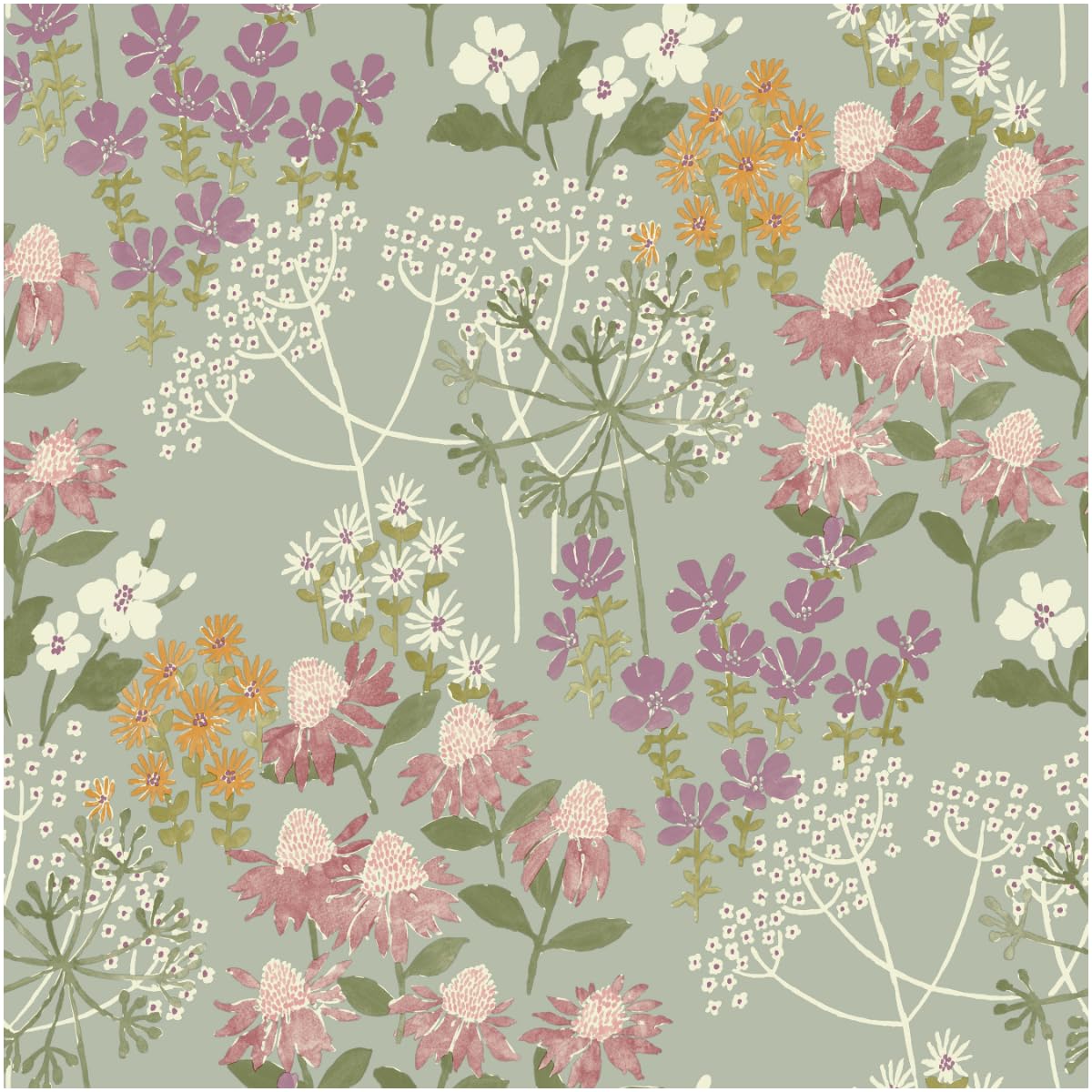 Sage Green Wildflower Wallpaper – Soft Botanical Meadow Floral Design with Pink, White and Orange Flowers – Nature Inspired Decorative for Living Room, Bedroom or Feature Wall