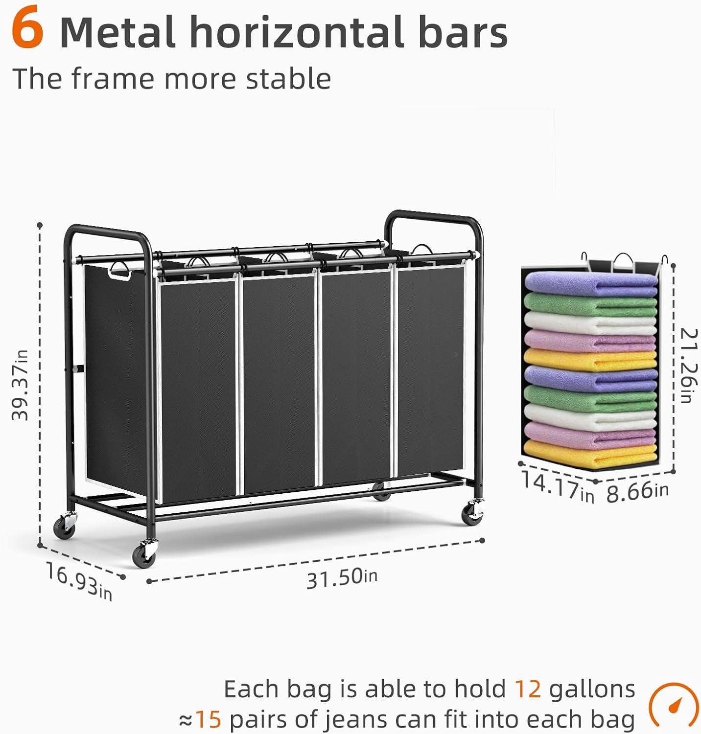 ROMOON Heavy Duty Laundry Sorter 4 Section and 3 section, Separated Laundry Hamper Cart with Wheels and Removable Bags, Rolling Laundry Basket Organizer for Dirty Clothes, Grey & Black