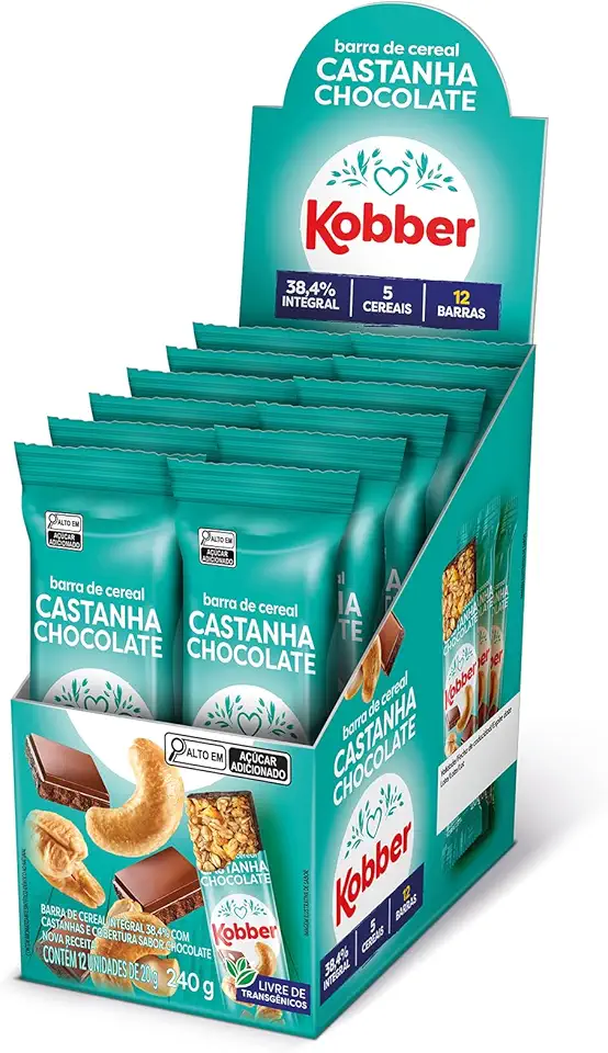 Kobber Barra de Cereal Castanha Chocolate 20g Cada - Display Com 12 Unidades