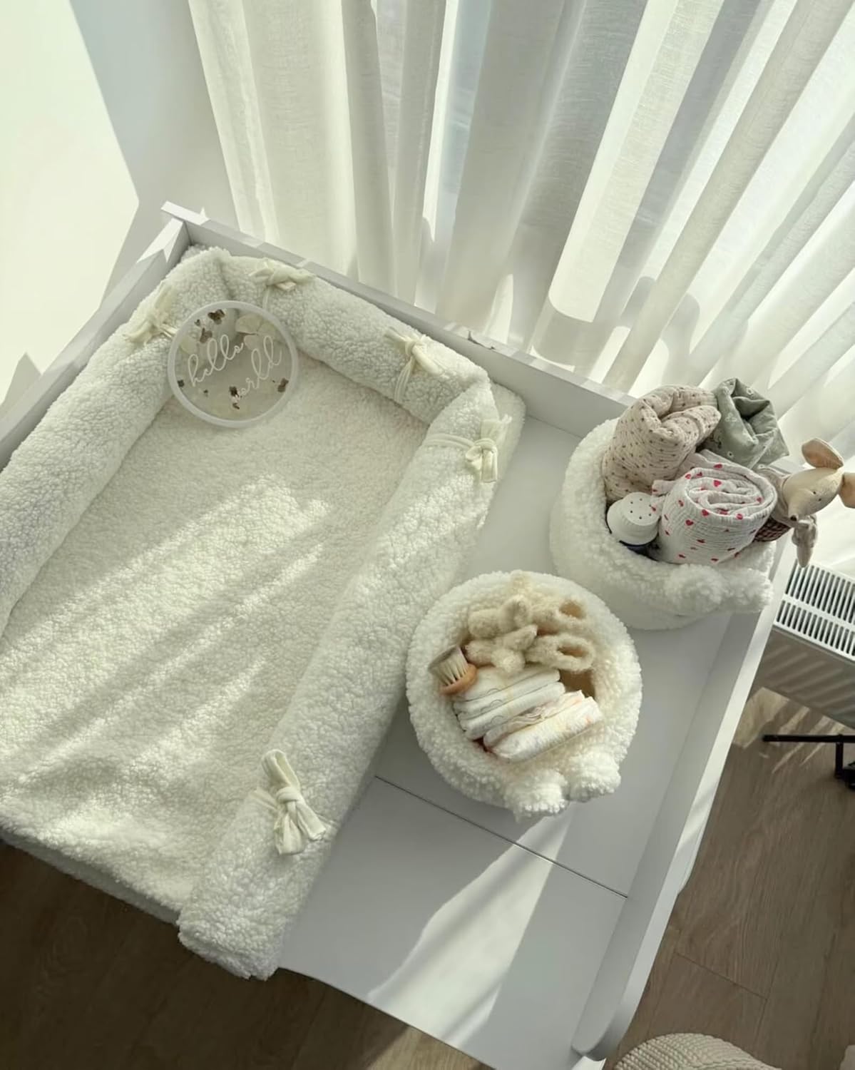 Teddy Changing Mat Set with 2 Nursery Storage Baskets & Protective Pad, 19.6 x 27.5 in Baby Changing Pad with Raised Sides, Nursery Organizer for Diapers, Neutral Nursery Decor (White)