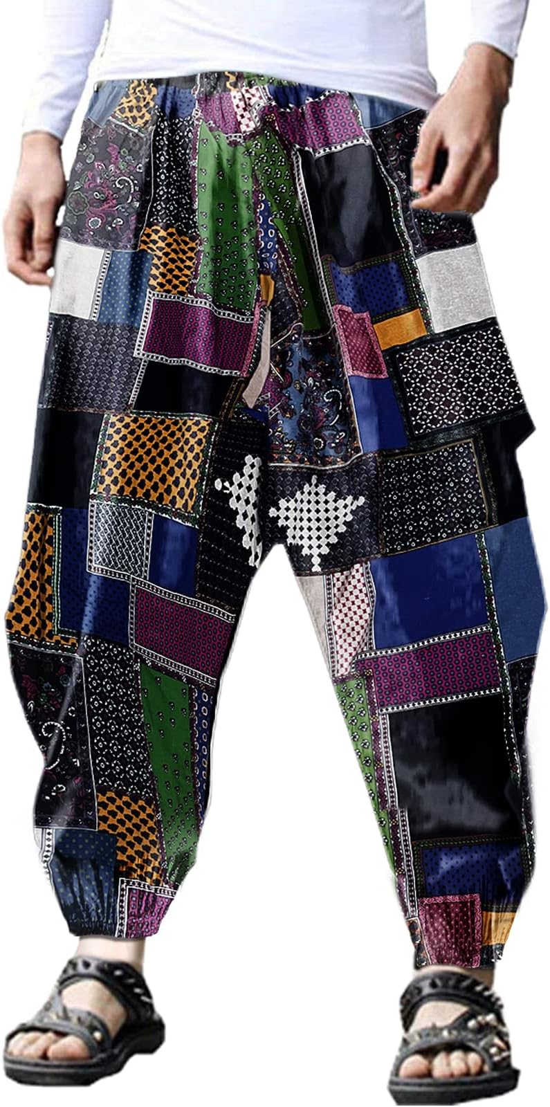 ONTTNO Men's Harem Pants Loose Stretchy Waist Casual Hippie Trousers