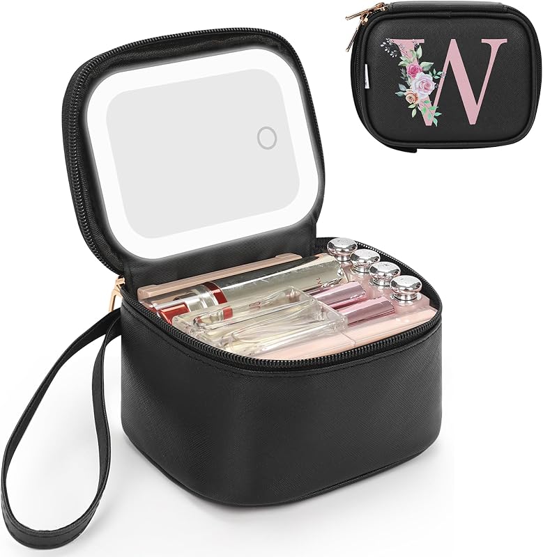Relavel Bolsa de maquiagem com espelho LED, inicial bordada e alça de pulso, modelo W