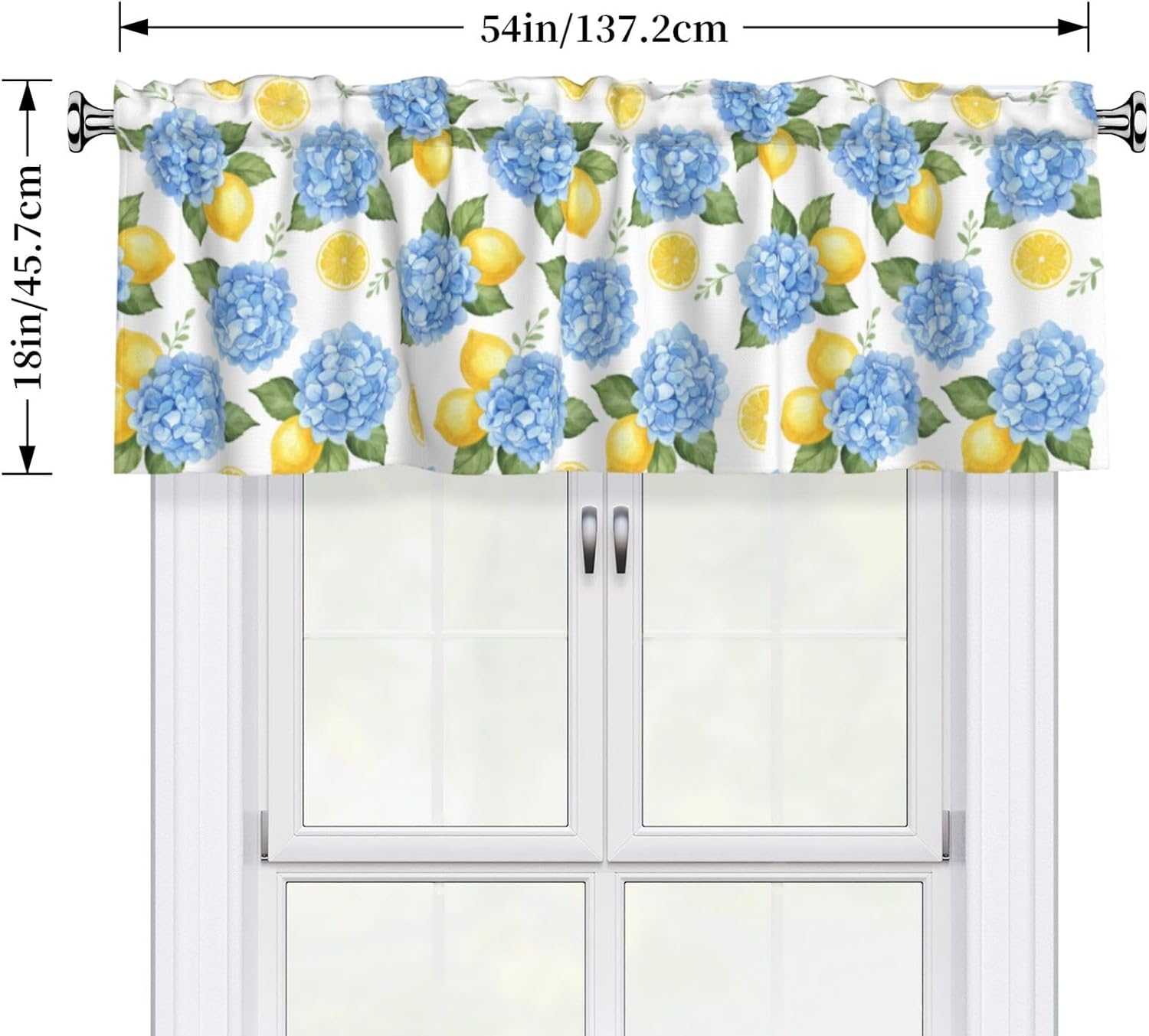Blue Hydrangeas Yellow Lemons Valances for Windows, Rod Pocket Kitchen Curtain Valances, Light Filtering Short Window Valance Curtains Topper for Bathroom Laundry Room, 54x18 Inch, 1 Panel