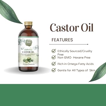 Castor Oil- 100% Pure Organic Cold Pressed Hexane Free- 8 fl.oz-Glass Amber Bottle-USP Grade-All Purpose