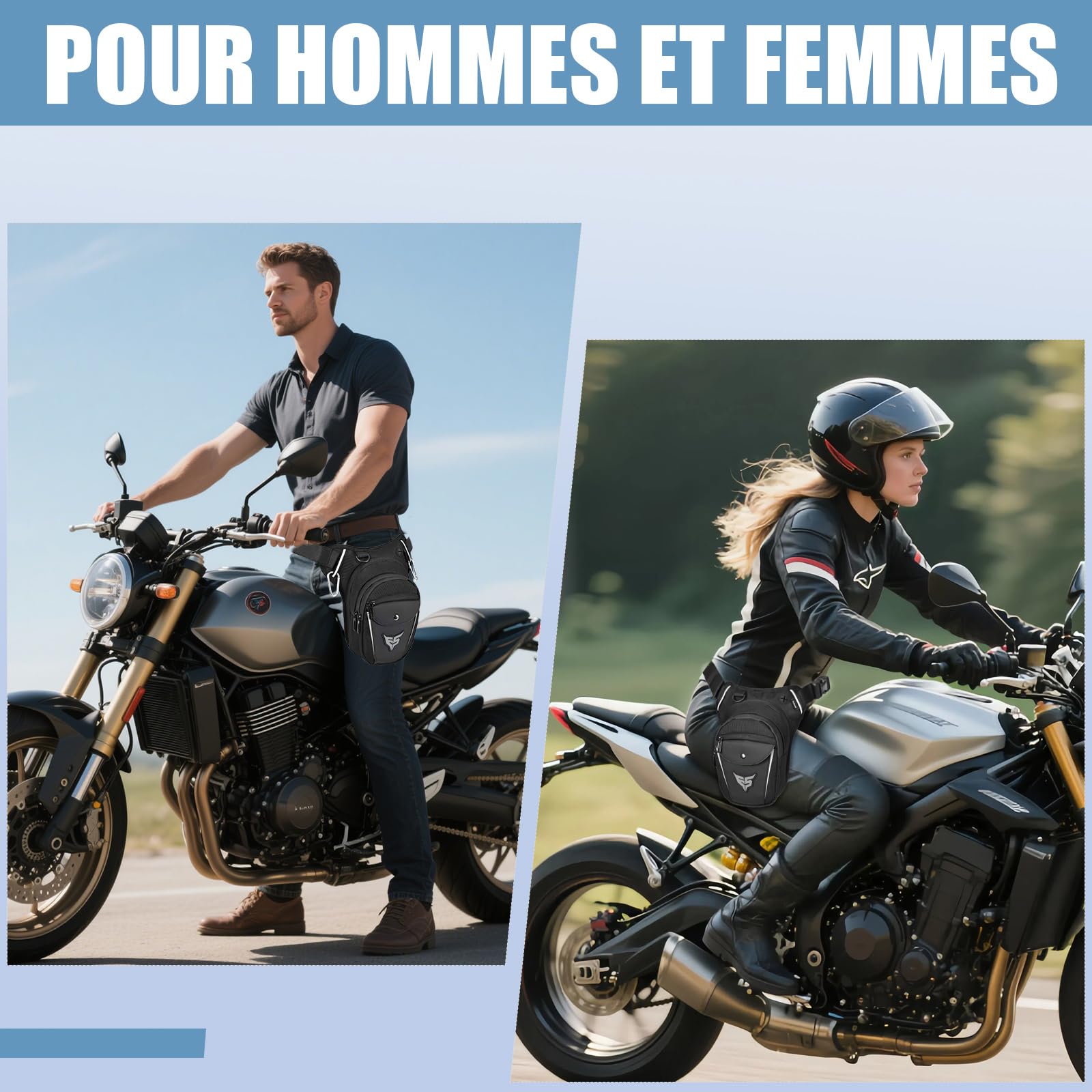 Eshow Sacoche de Jambe Moto Capacité Extensible, Sac Banane Femme Homme avec Bande Réfléchissante, 1 Clip à Gourde, 2 Mousquetons pour Randonnée Pêche