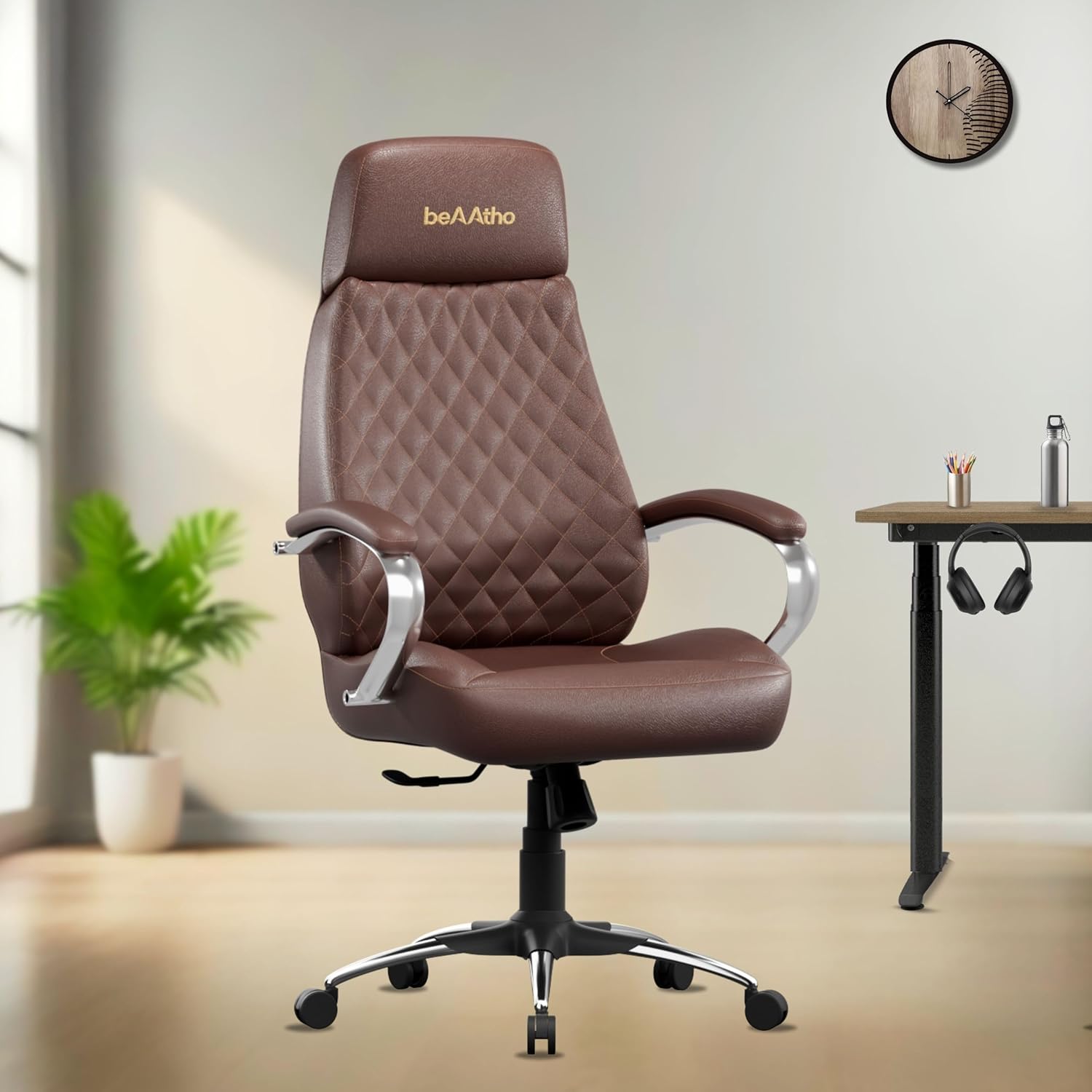 beAAtho® Zen Leatherette Executive Office Chair | High Back Revolving Chair with Integrated Lumbar Support | Ergonomic & Comfortable Seating | 3-Year Warranty by beAAtho | Adjustable Height | Brown