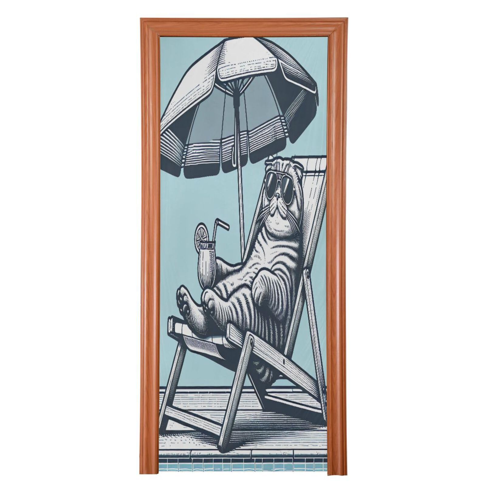 FLildon Cat Laying on Beach Chair Door Cover Decoration, Party Accessory Porch Decor for Festive Ornament Room Door Covers 36 x 98 Inch