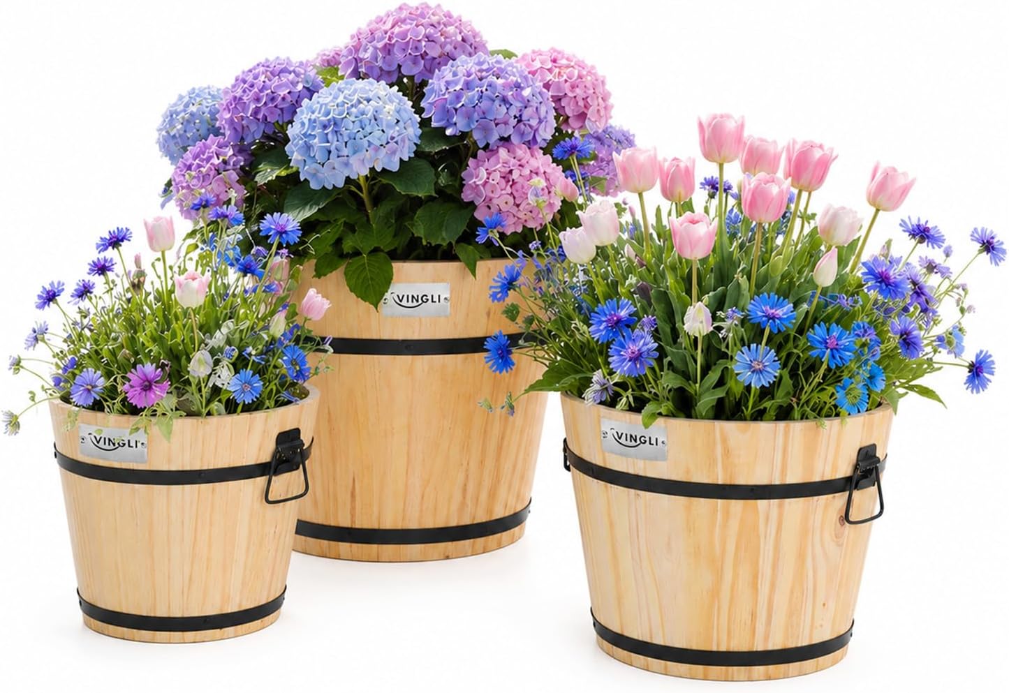 VINGLI 3 PCS Large Wooden Planter Barrel Set, 11.5"(Dia)- 18"(Dia), Real Wood Flower Pot with Drainage Holes, Different Sizes, Large Garden Container Box, Indoor & Outdoor (Honey)