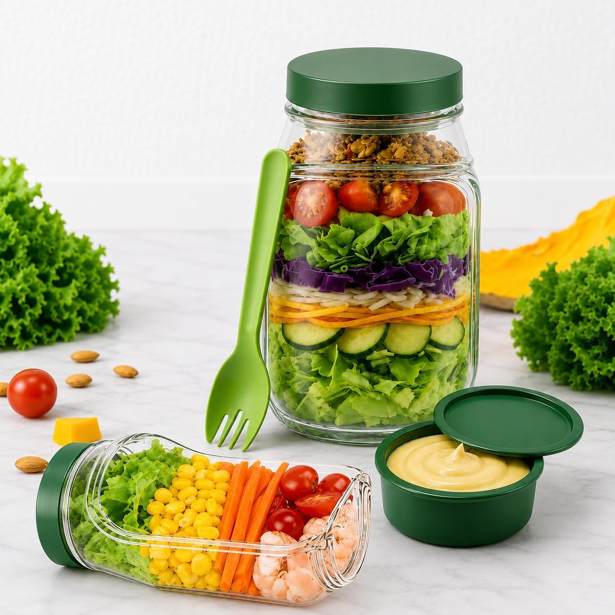 Original Salad Pod Container with Side Opening Lid | Leakproof Mason Jar Salad Container with Dressing Cup | Salad Meal Prep Containers, BPA Free, Dishwasher Safe for Lunch, Travel, Gym & Office