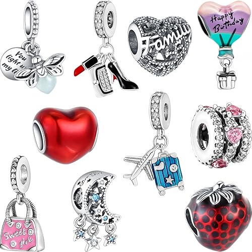 10 Pack Silver Bead Charms Compatible with Charms Bracelet Necklace, Silver Charms for Bracelets for Women, the Pendant Dangle Beads with Cubic Zirconias Are the Perfect Jewelry Gift for Women, Ideal for Christmas, Birthdays, Mother's Day, and Valentine's Day.