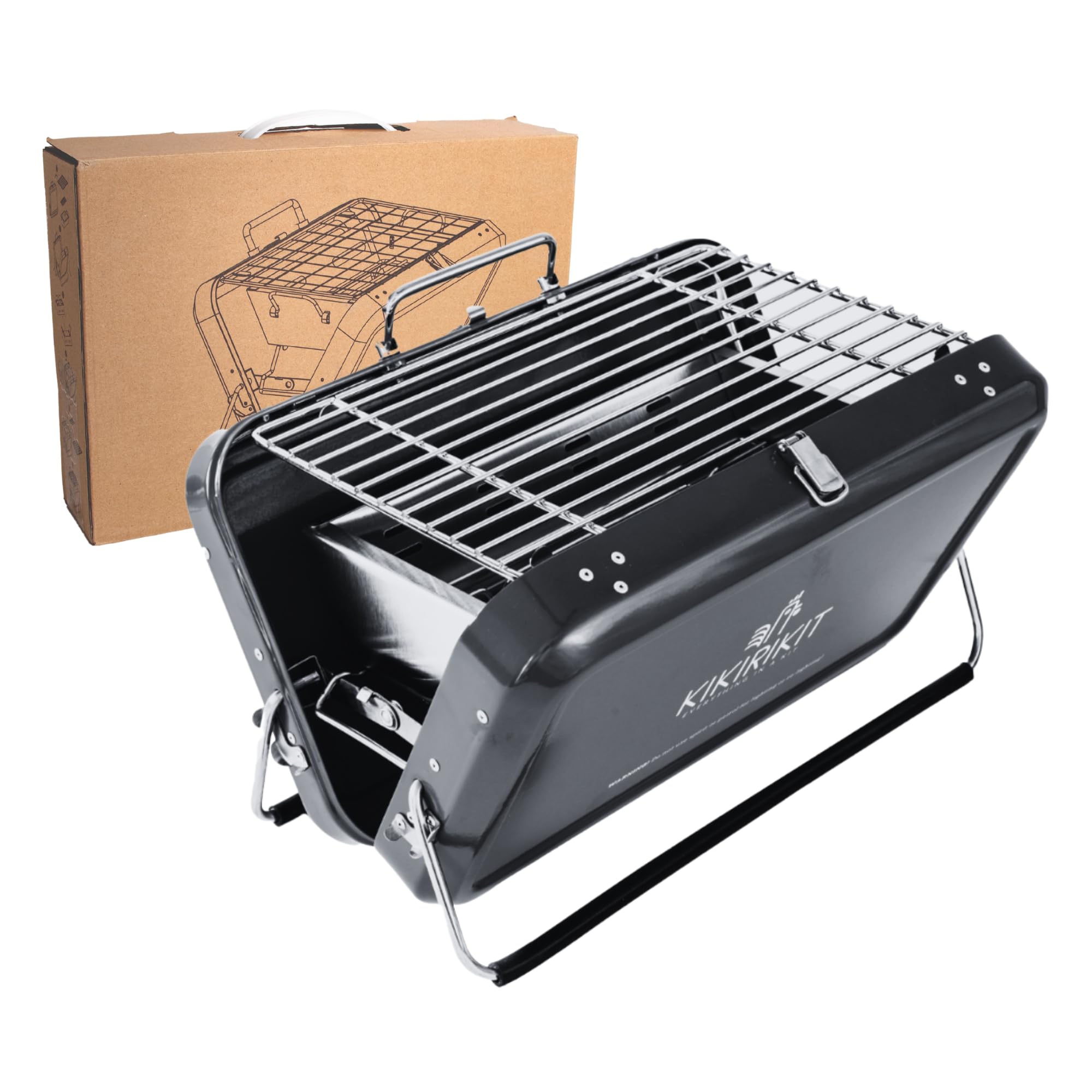 KIKIRIKIT - Barbacoa Portátil de Carbón Plegable - Kit con Accesorios Camper - Regalo Original para Padres (Negro)