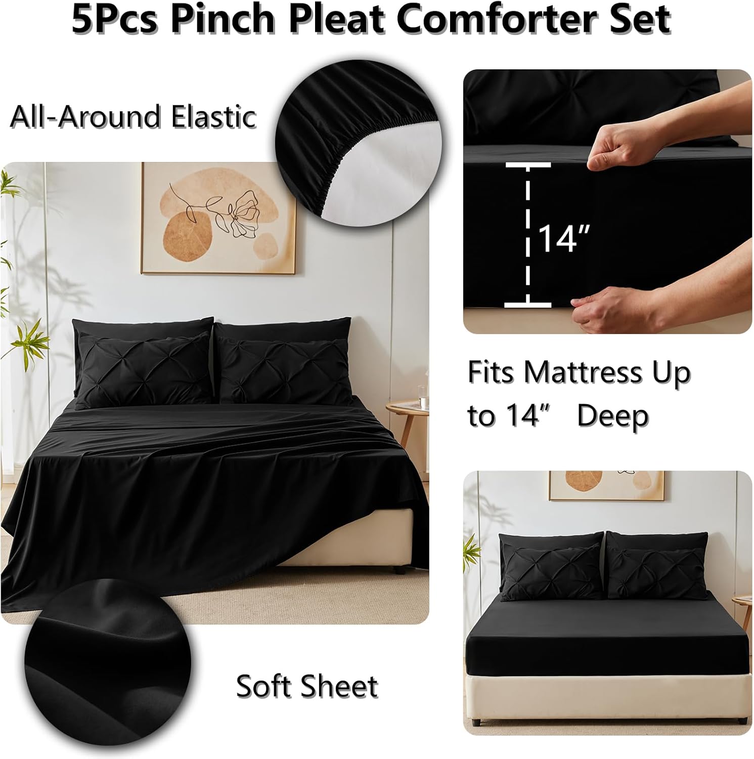 HIMEET Pintuck Bed in a Bag, 5 Pieces Twin Comforter Set Black, Pinch Pleat Bed Set for Girls and Boys, Soft Dorm All Season Bedding Sets with Comforter, Flat Sheet, Fitted Sheet and Pillowcase & Sham