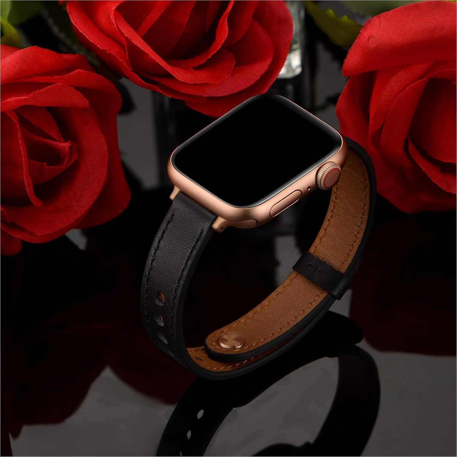 OUHENG Slim Bands Compatible with Apple Watch Band 46mm/49mm/45mm/44mm/42mm, Women Genuine Leather Thin Strap for iWatch Ultra 3/2/1, SE 3/2/1, Series 11 10 9 8 7 6 5 4 3 2 1 (Black/Rose Gold) - Image 5