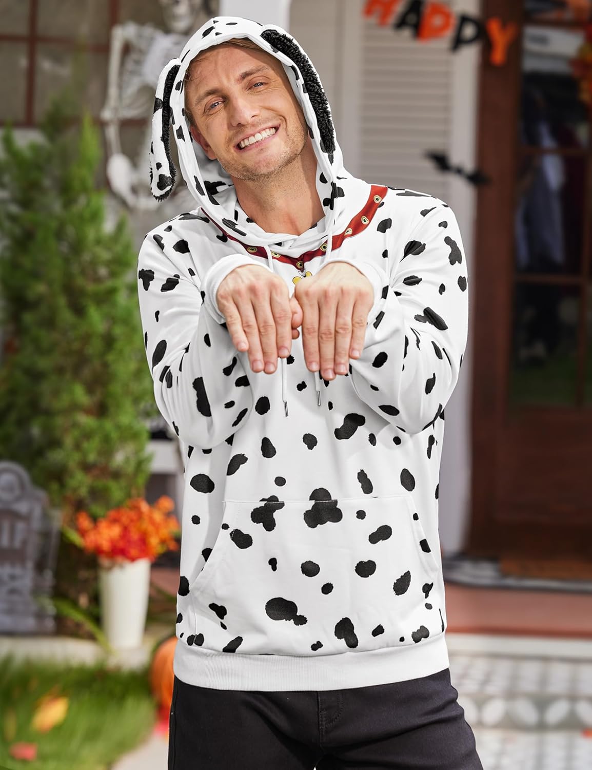 Mainfini Mens Dalmatian Costume Hoodie Halloween Funny Spotted Dog Pullover with Ears (S-3XL) - Image 4