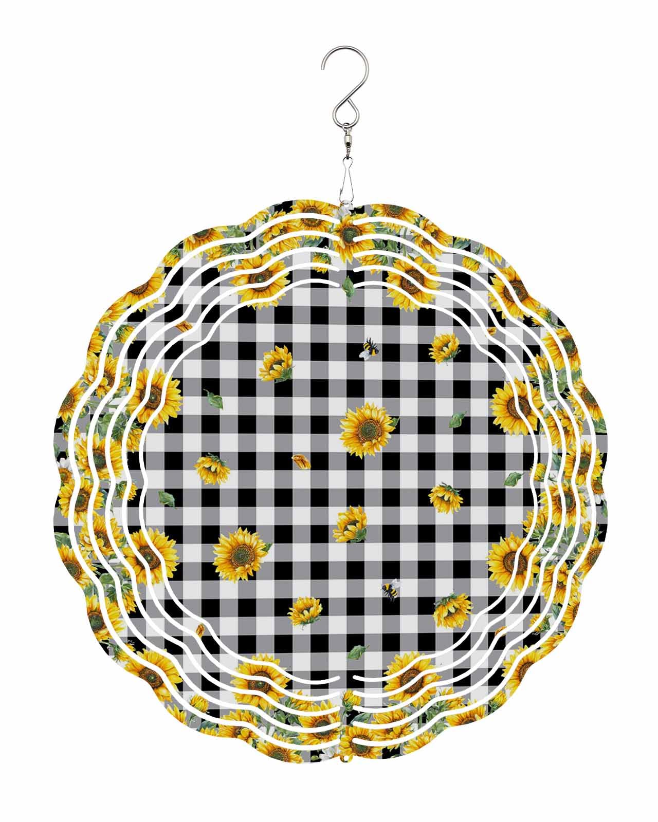 Plants Wind Spinners, Falling Sunflowers Black Buffalo Plaid Hanging Wind Spinners for Yard and Garden 3D Stainless Steel Metal Sculptures Crafts Ornaments 8 Inch