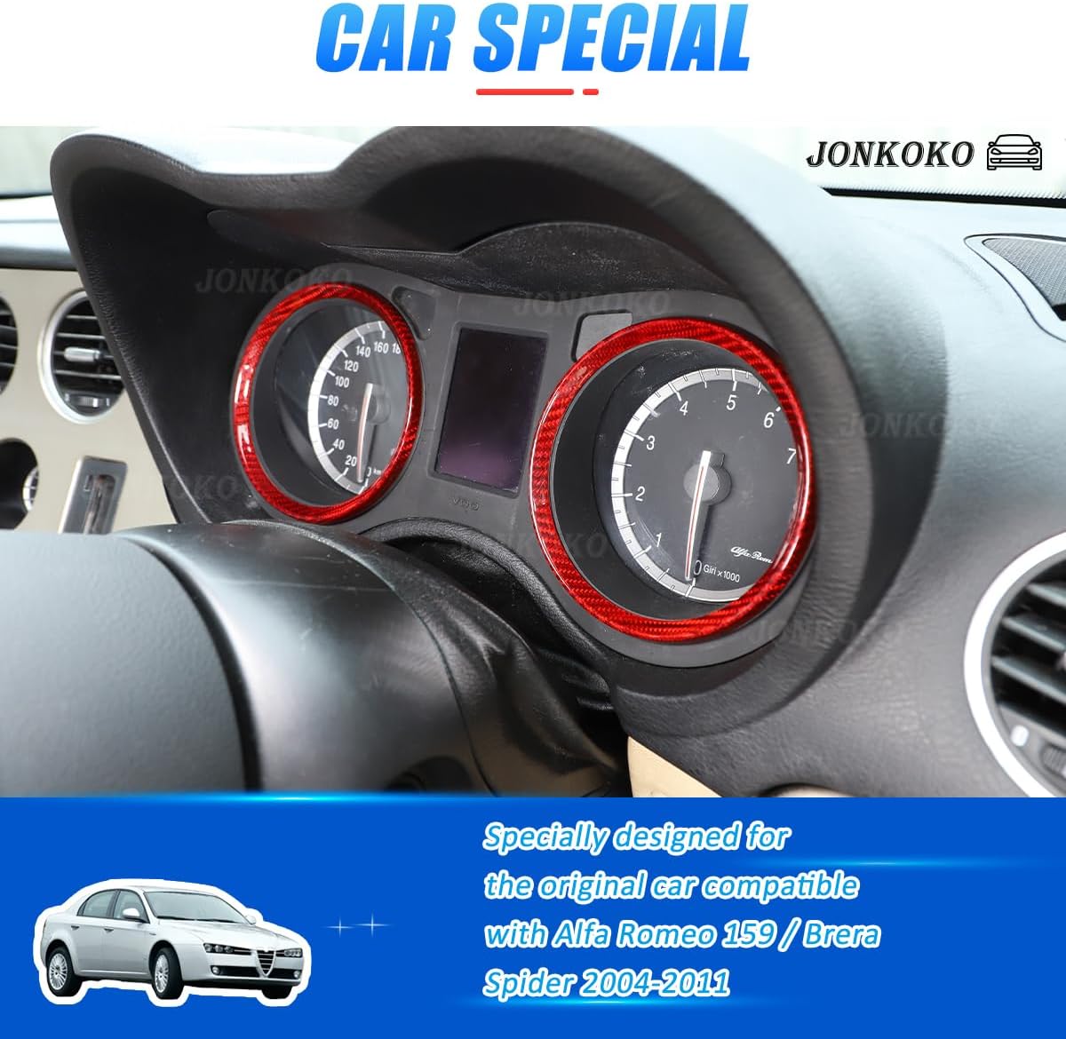100% Real Carbon Fiber Dashboard Trim Rings Compatible with Alfa Romeo 159/Brera/Spider 2004-2011 Interior Dashboard Instrument Decoration Ring Trim Accessories(Red)