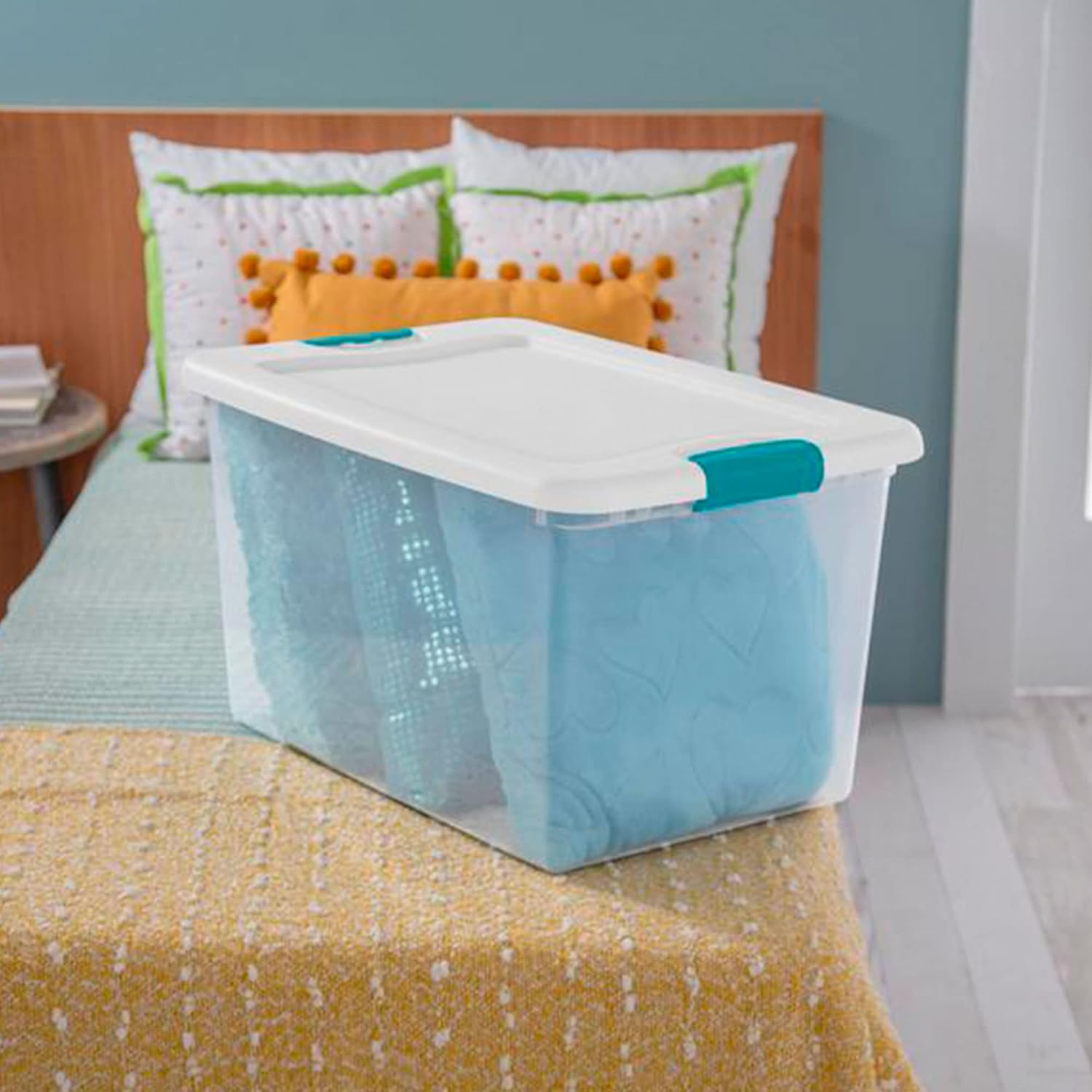 Sterilite 64 Qt Latching Storage Box, Stackable Bin with Latch Lid, Organize Clothes, Blankets, Sports Items in Closet, Clear with White Lid, 1-Pack