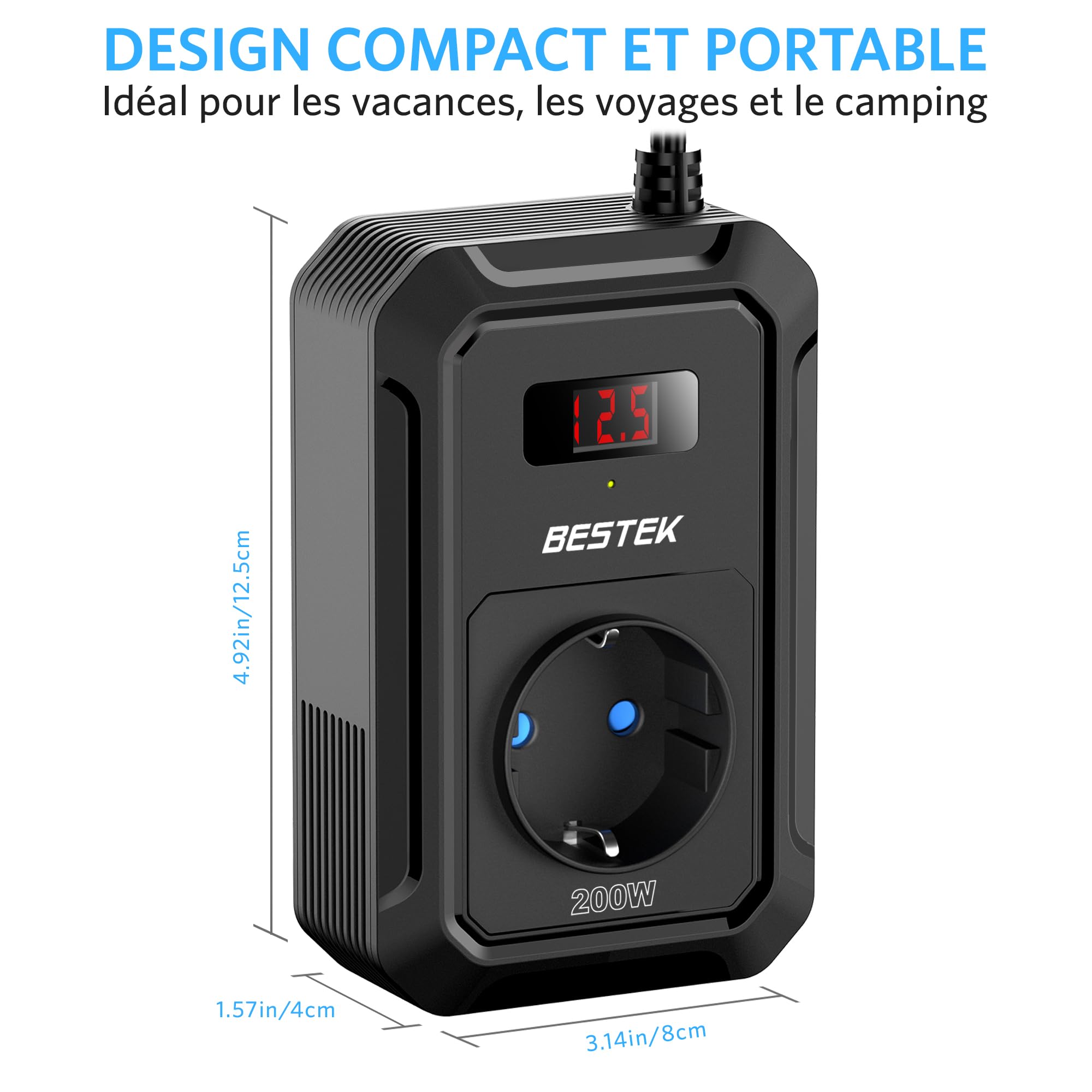 BESTEK Convertisseur 12v 220v 230v 240v 200W Prise Allume Cigare Transformateur de Tension,4 Ports USB et 1 Prises EU, Chargeur Voiture Camping Car avec Multi Protections (Noir)