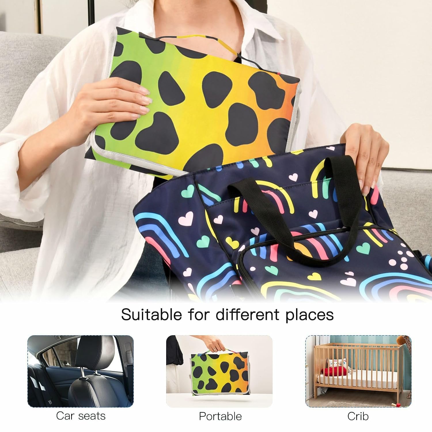 Chic Rainbow Leopard Print Reusable Changing pad Baby with Tissue Pocket Portable Baby Changing pad for Moms, Dads cambiador de pa?ales para Bebes