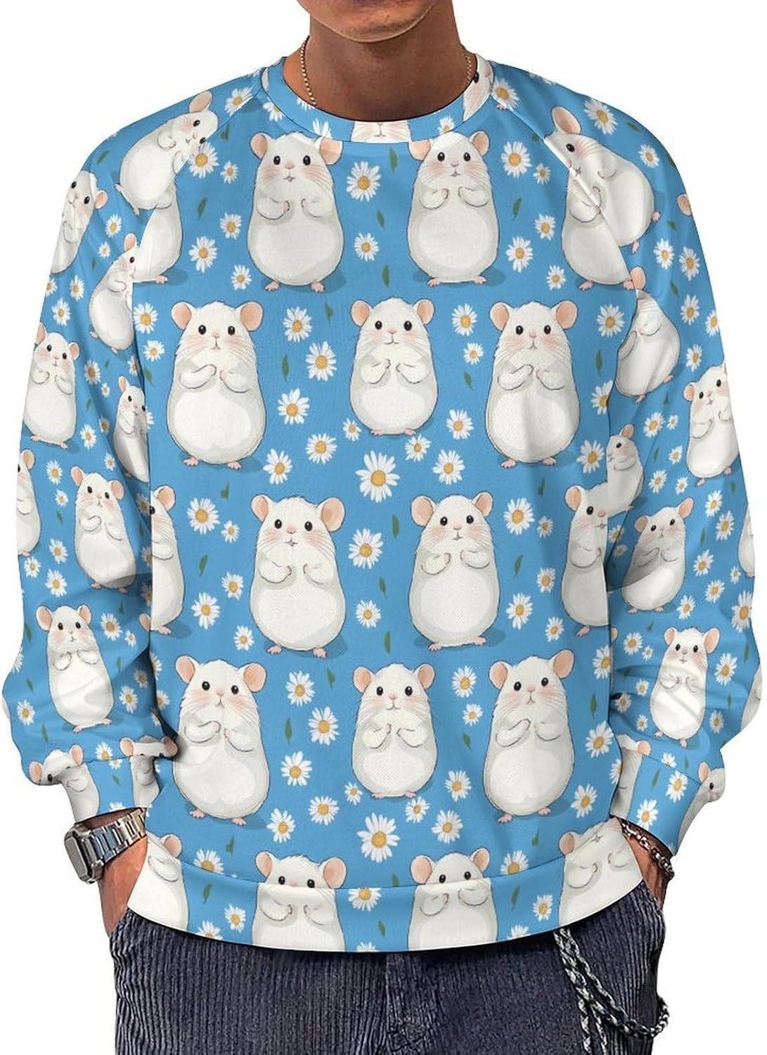 Cute Cartoon Hamsters Men's Sweatshirt Crew Neck Sweater Long Sleeve Pullover Tops Casual Wear