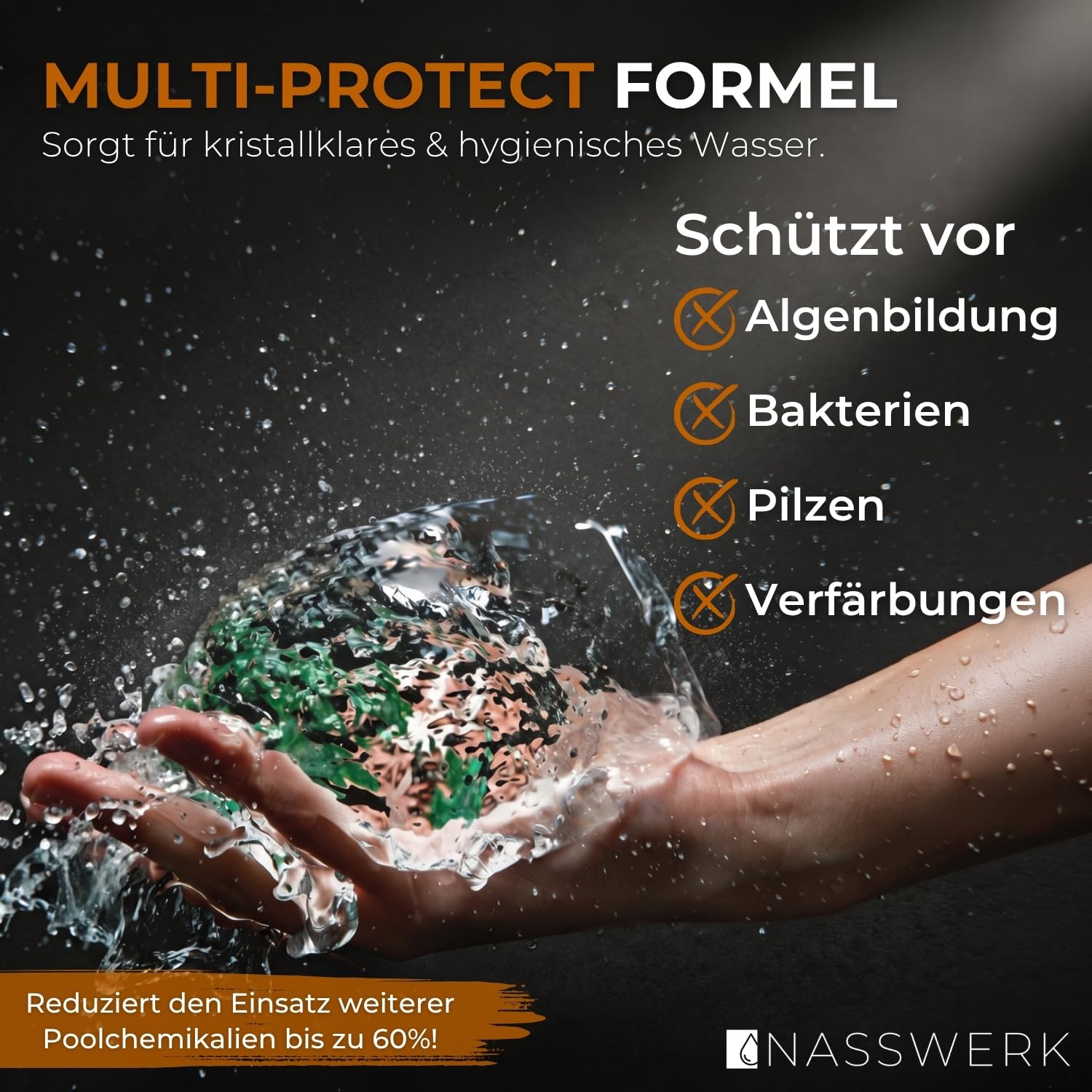 NASSWERK Chlortabletten für Pool 5 in 1 (5kg) | 200g Pooltabs Multitabs 5 in 1 mit Chlor, Algizid, pH Stabilisator, Flockungsmittel & Reiniger | Langzeit Multitabs Pool 200g für optimales Poolwasser