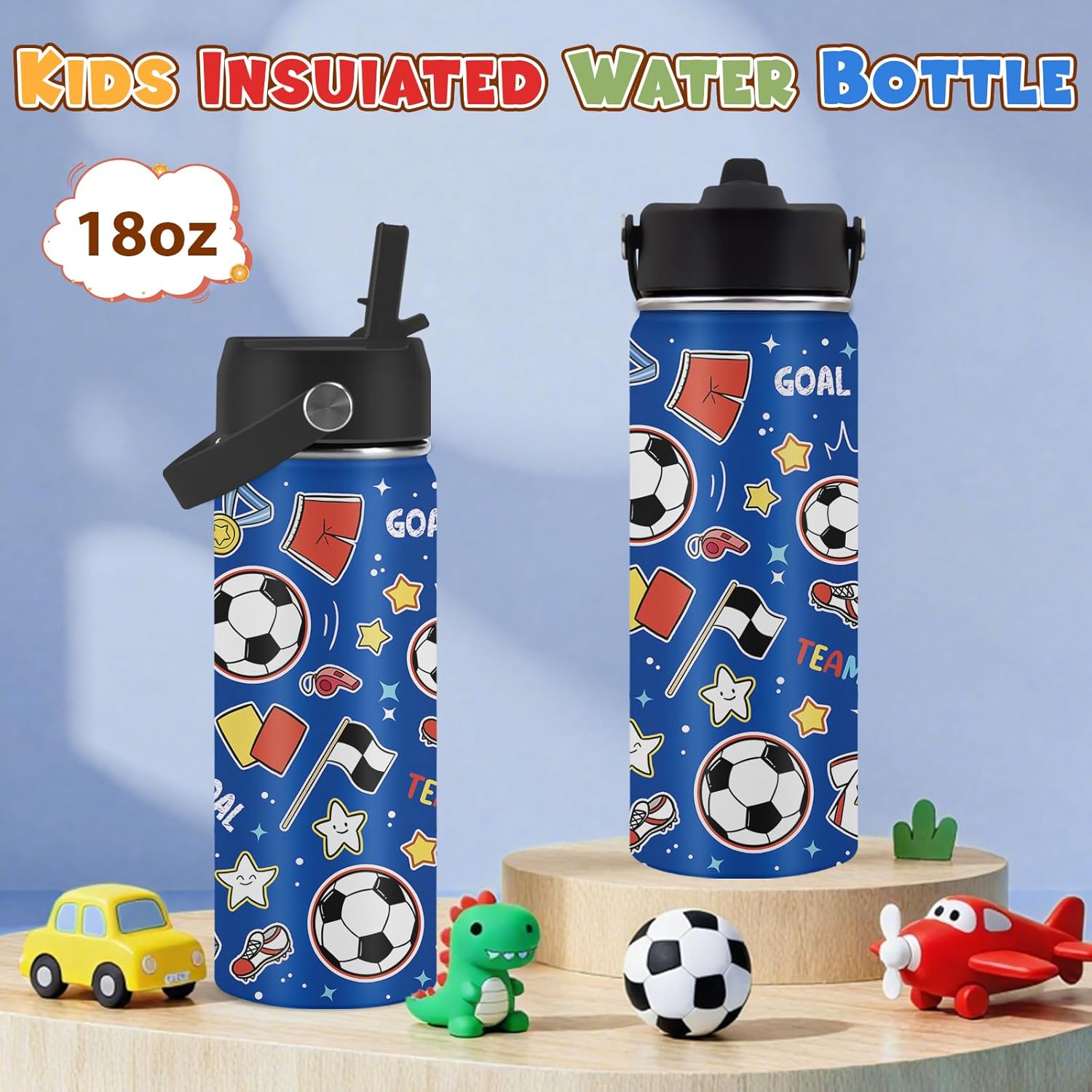 Soccer Gifts for Kids - 18 Oz Kids Water Bottle with Straw Lid, Stainless Steel Insulated Tumbler, Leak Proof, BPA-Free, for Girls, School, Travel - Soccer Lovers Children Birthday Gifts Cups(1pc) - Image 2