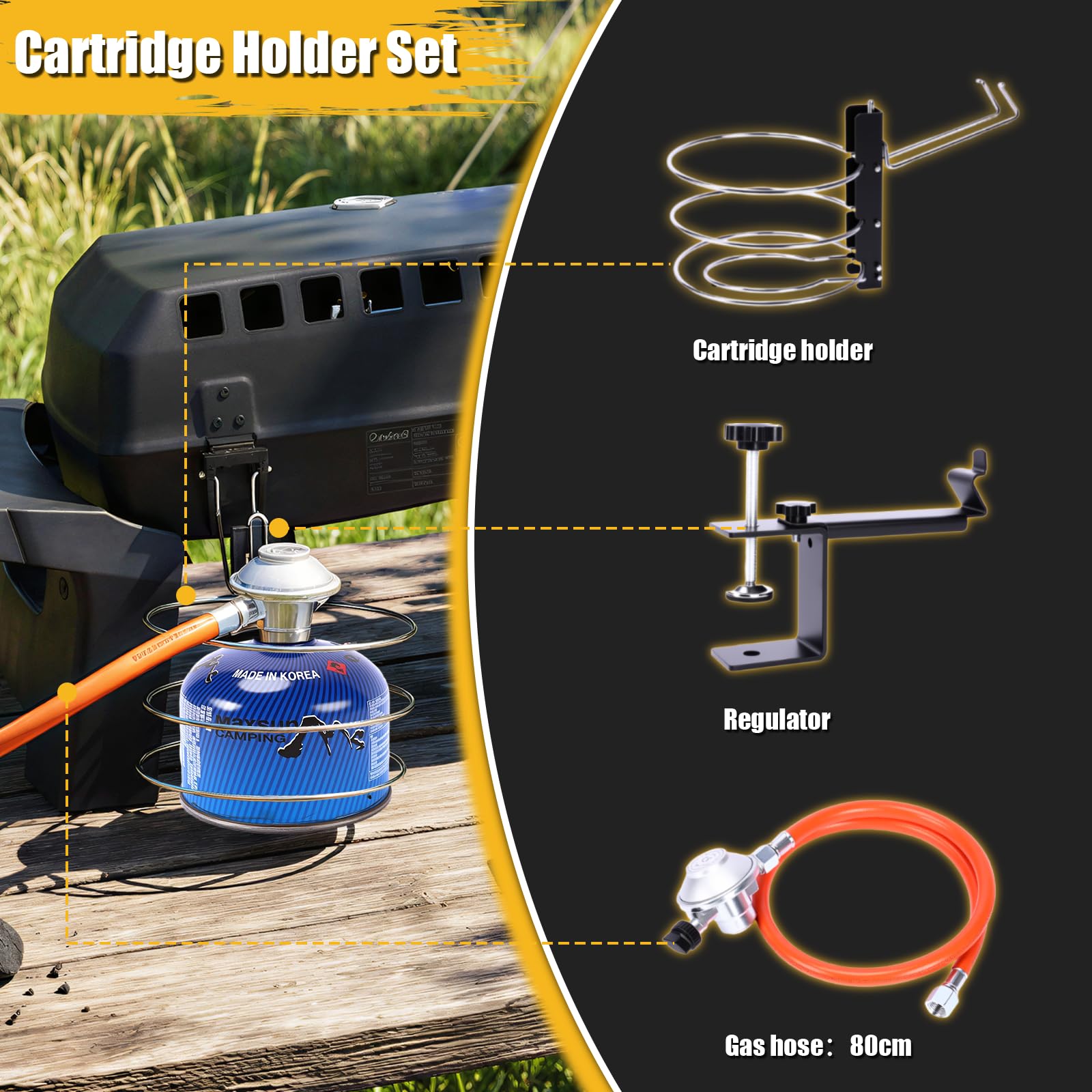 GFTIME Kartuschenhalter Set für Enders Urban II & Explorer II 50mbar, Gaskartuschen Halterung mit Gasschlauch & Gasregler, Schraubkartuschen Adapter, Grill Zubehör Schwarz