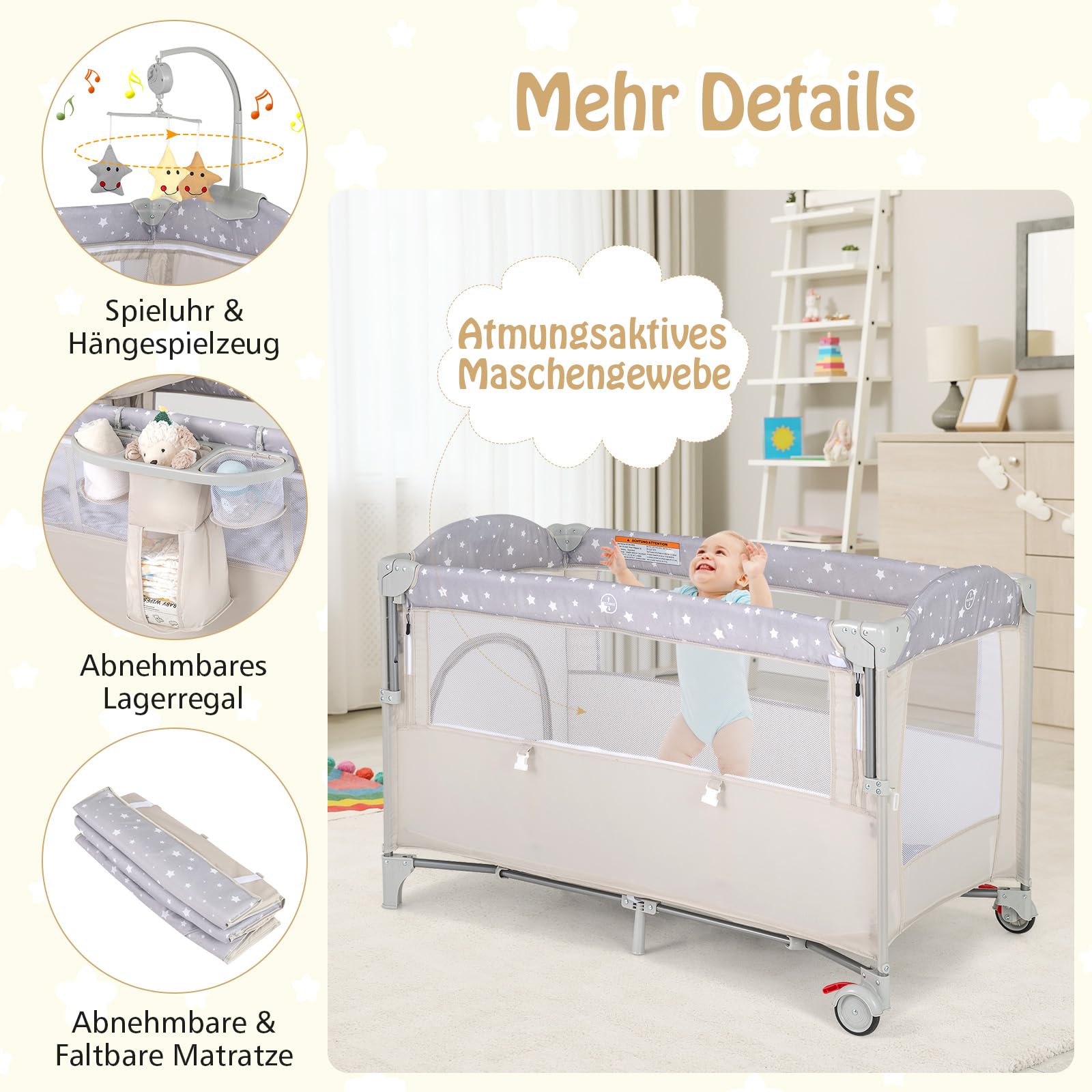 DREAMADE 4 in 1 Reisebett mit Matratze 120x60cm Beistellbett Baby mit Rollen Klappbar Wickeltisch Laufgitter Beige