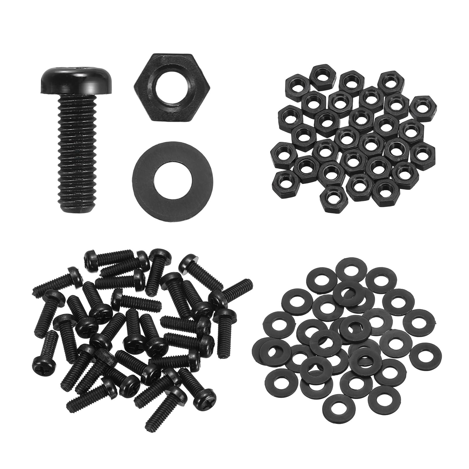 sourcing map 30 Set M4x12mm Nylon PA66 Plastic Cross Round Head Screw Phillips Bolts Hex Nuts Flat Washers Assortment Kit, Metric Full Thread Bolt Fasteners for DIY Machine Assembly, Black โ image 1