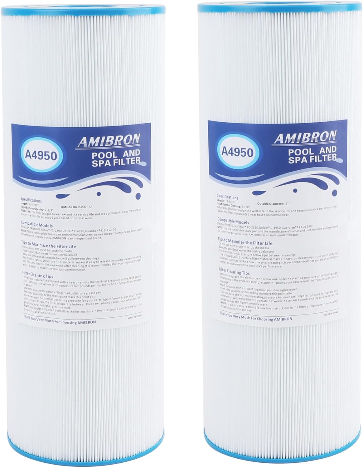 C-4950 Spa Filters, Replaces For Pleatco PRB50-IN, Filbur FC-2390, 03FIL1600, 373045, Compatible For Jacuzzi J210/J220/J235/J245/J275, 50 sq.ft 5X13 Drop in Hot Tub filter 2 Pack