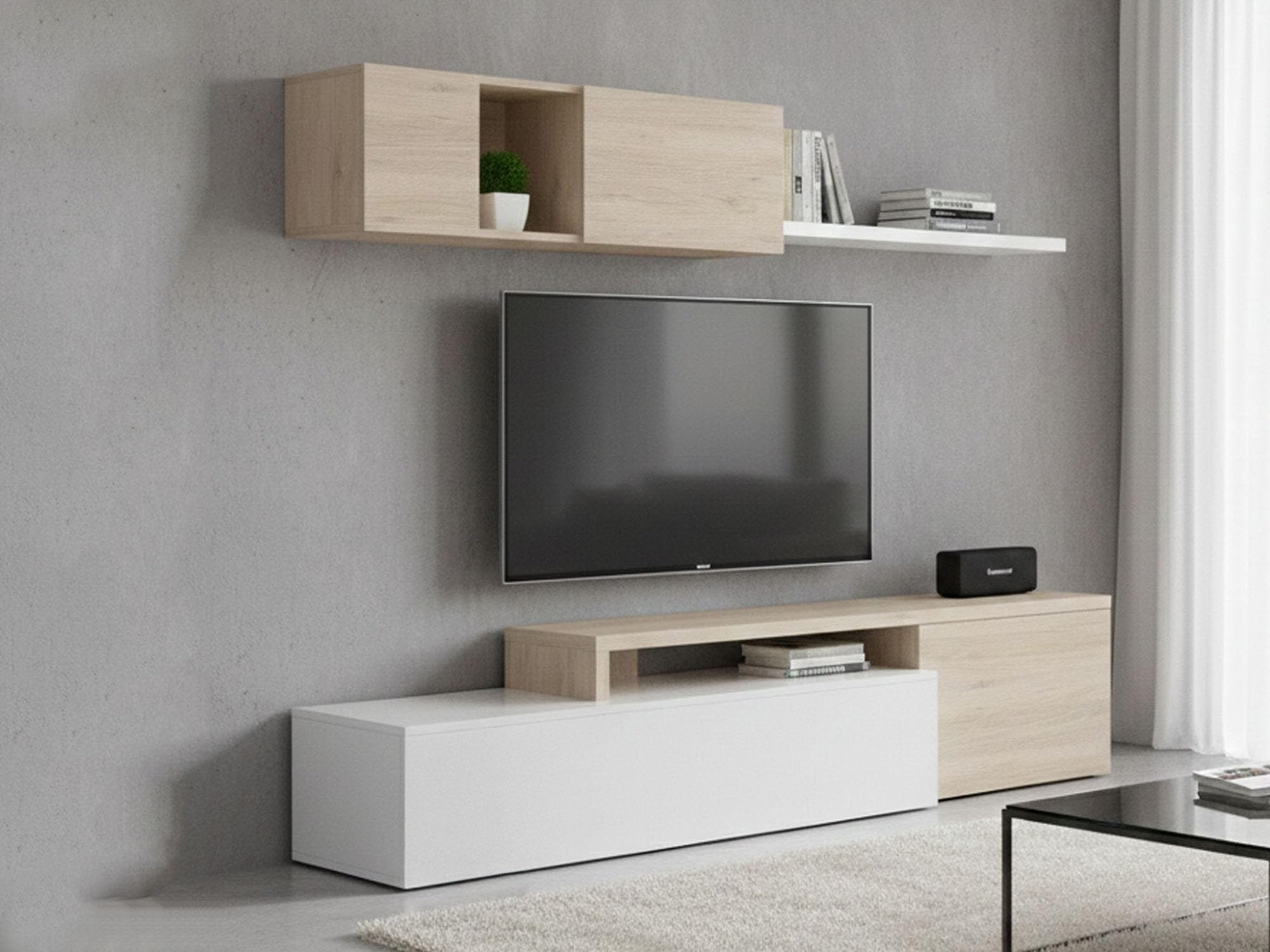 Dmora - Wandeinheit Baker, modulares Eck-Wohnzimmerset, Wohnzimmermöbel Multiposition TV-Ständer, 201 x 41 x 180 cm, Weiß und Eiche