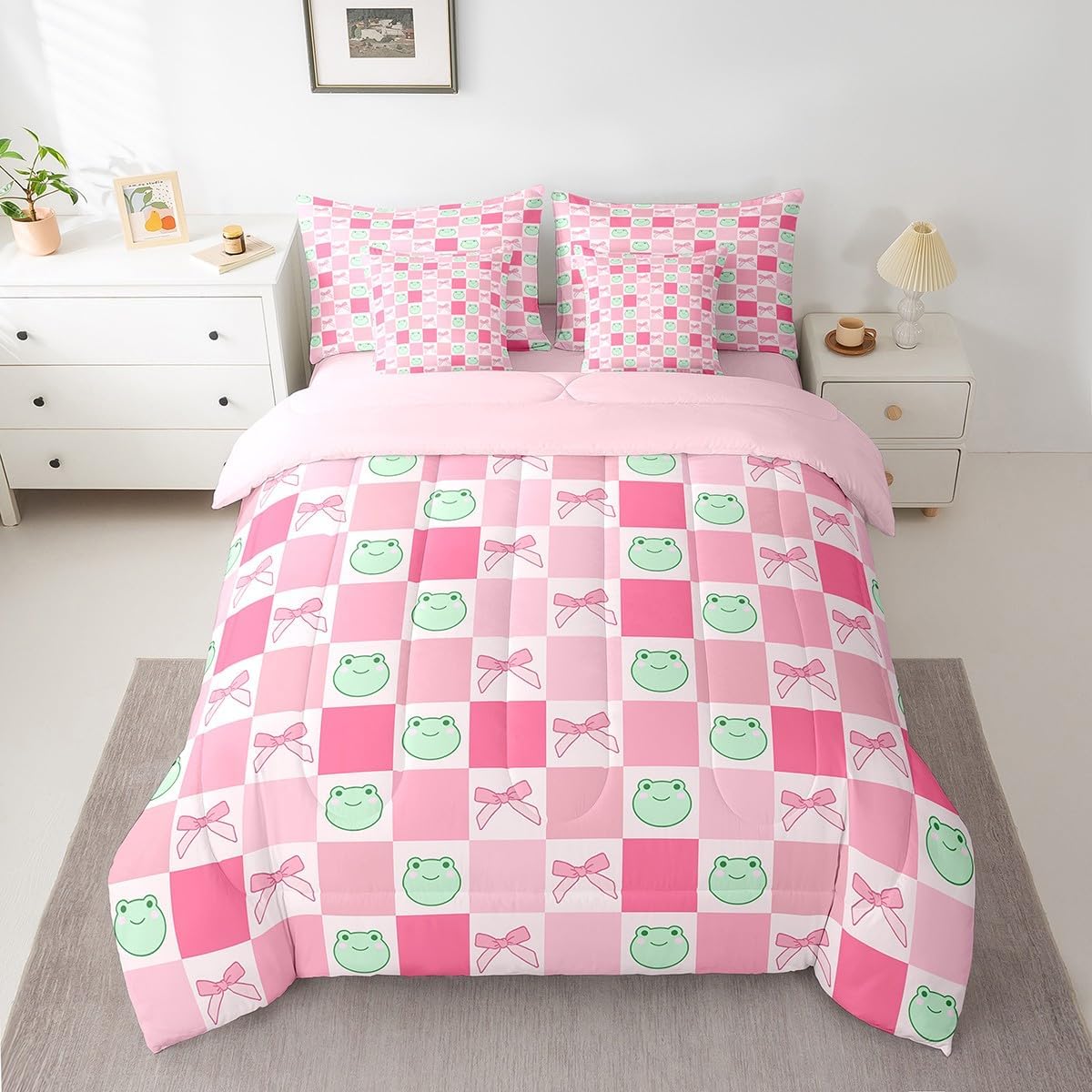 7 Pieces Cartoon Frog Kids Comforter Set Full,Pink Bowknot Bow Tie Butterfly Knot Bedding Set,Geometric Plaid Grid Patchwork Cute（Comforter+Fitted+Flat Sheet+2 Pillowcases+2 Throw Pillow Covers）