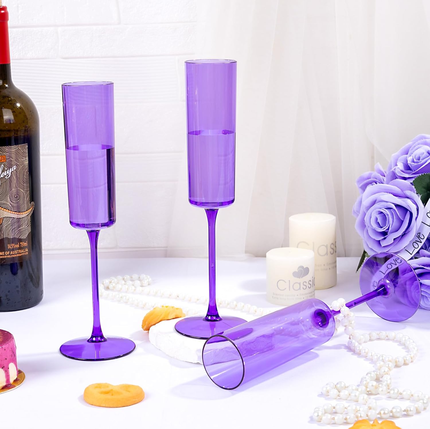 YOUBET 24 Pack Purple Plastic Champagne Flutes -6 Oz Clear Purple Champagne Glasses - Square Plastic Toasting Glasses for Birthday Anniversary Wedding & Mardi Gras Party - Image 8