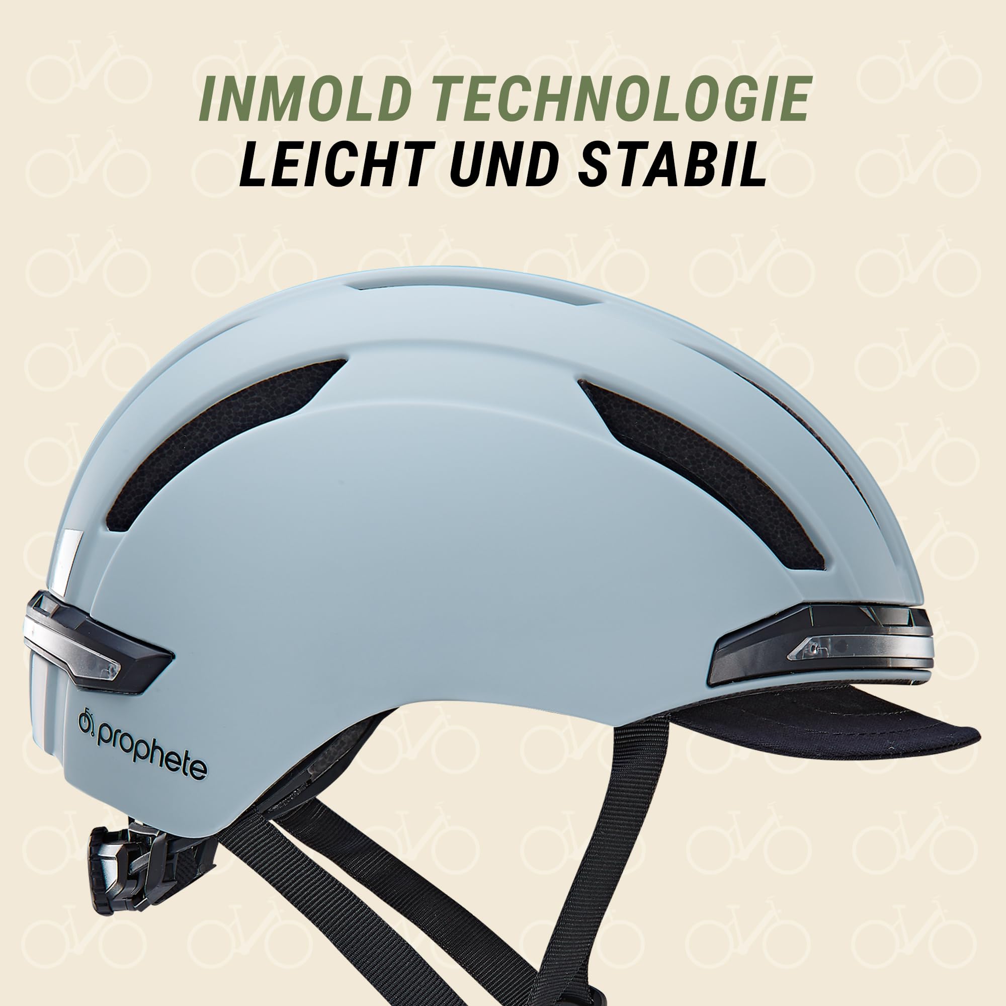 Prophete E-Bike Helm ECO Urban Fahrradhelm, Inmold Technologie, LED-Licht vorne und hinten (360° Sichtbarkeit), Anzeigesignale per Fernbedienung möglich