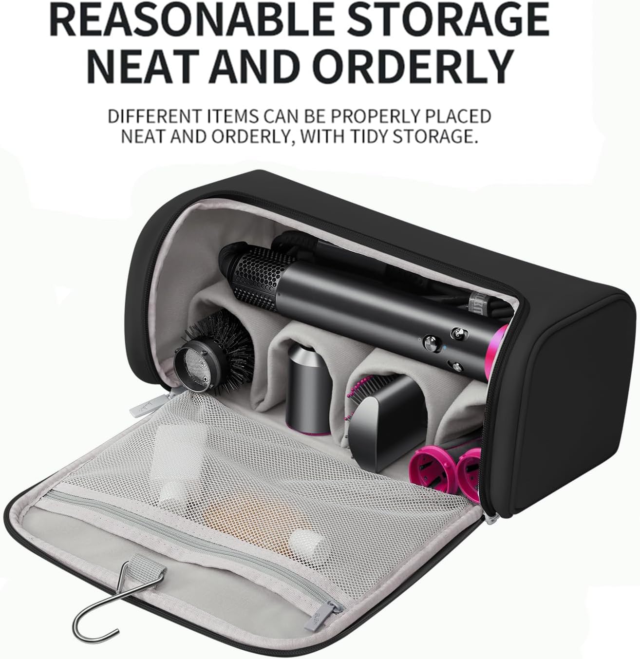 BUBM Travel Case Compatible with Dyson Airwrap Complete Styler and Attachments, Portable Storage Bag with Metal Hanging Hook for Airwrap All Models, Long Barrel, Hair Curler Accessories (Black) - Image 3