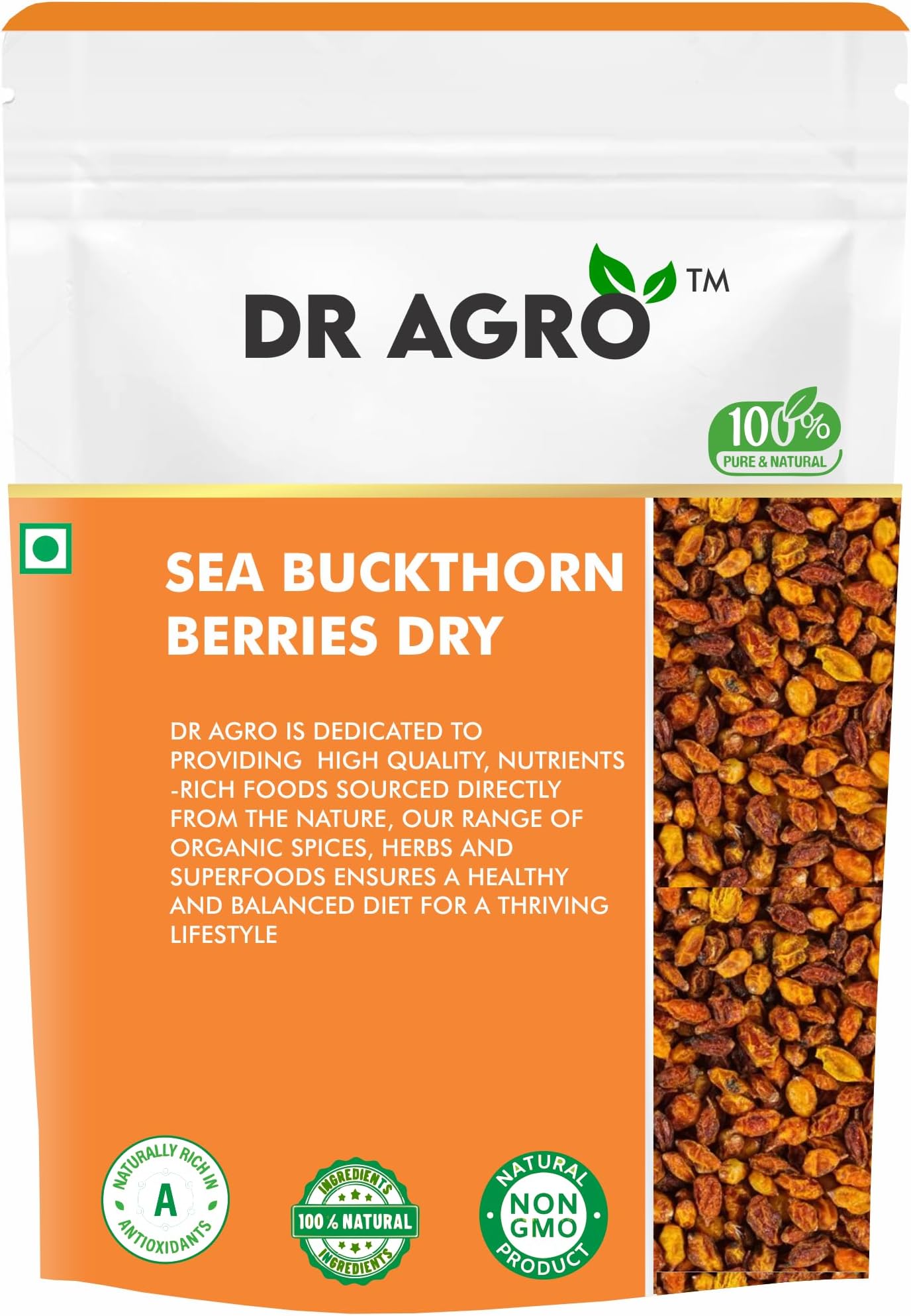DR AGRO Himalayan Sea Buckthorn Berry Dry, Nourish Skin Quality Source of Vitamins and Nutrients, Dry Sea Buckthorn Berries, Rich In Omega, Fatty Acids, Vitamin E, Vitamin C (50 GM)