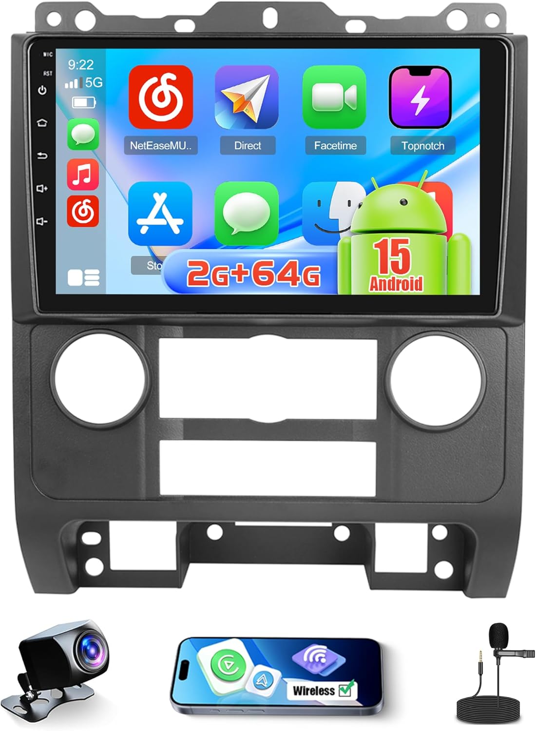 Android 15 Car Stereo for Ford Escape/Ford Kuga/Mazda Tribute 2007-2012 with Wireless CarPlay Android Auto, Realdio 9 Inch Touch Screen Radio with Bluetooth 2GB+64GB EQ 26UI FM RDS Backup Camera