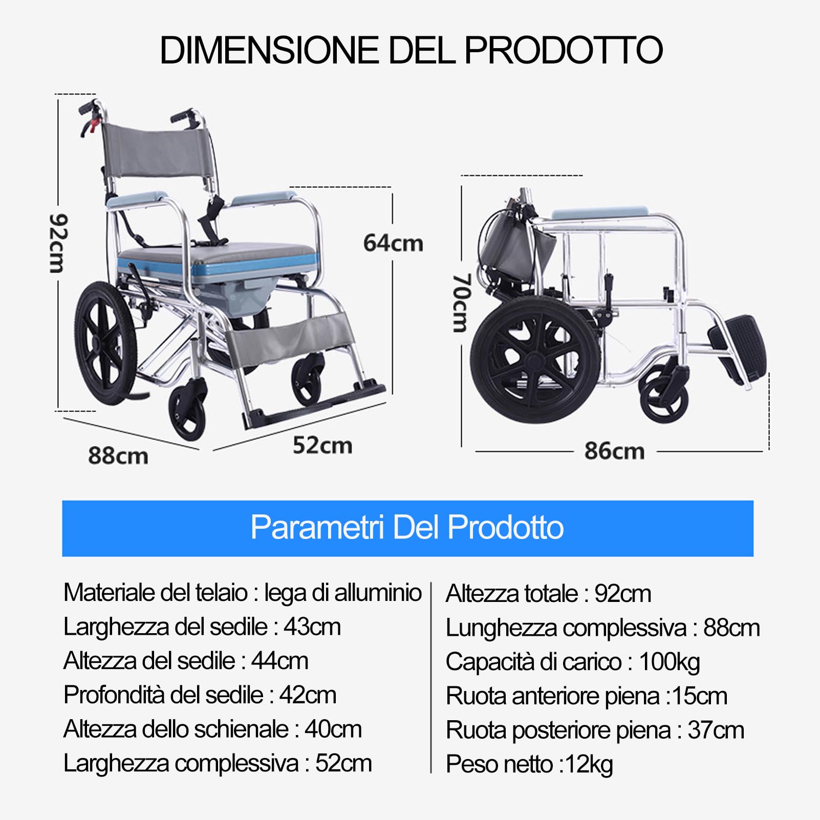 Sedia Comoda WC Imbottita Con Doppio Freno, Sedia Doccia Disabili Con Ruote, Sedia a Rotelle Doccia, Sedia Comoda WC per Anziani Con Ruote, Carrozzina Wc Disabili
