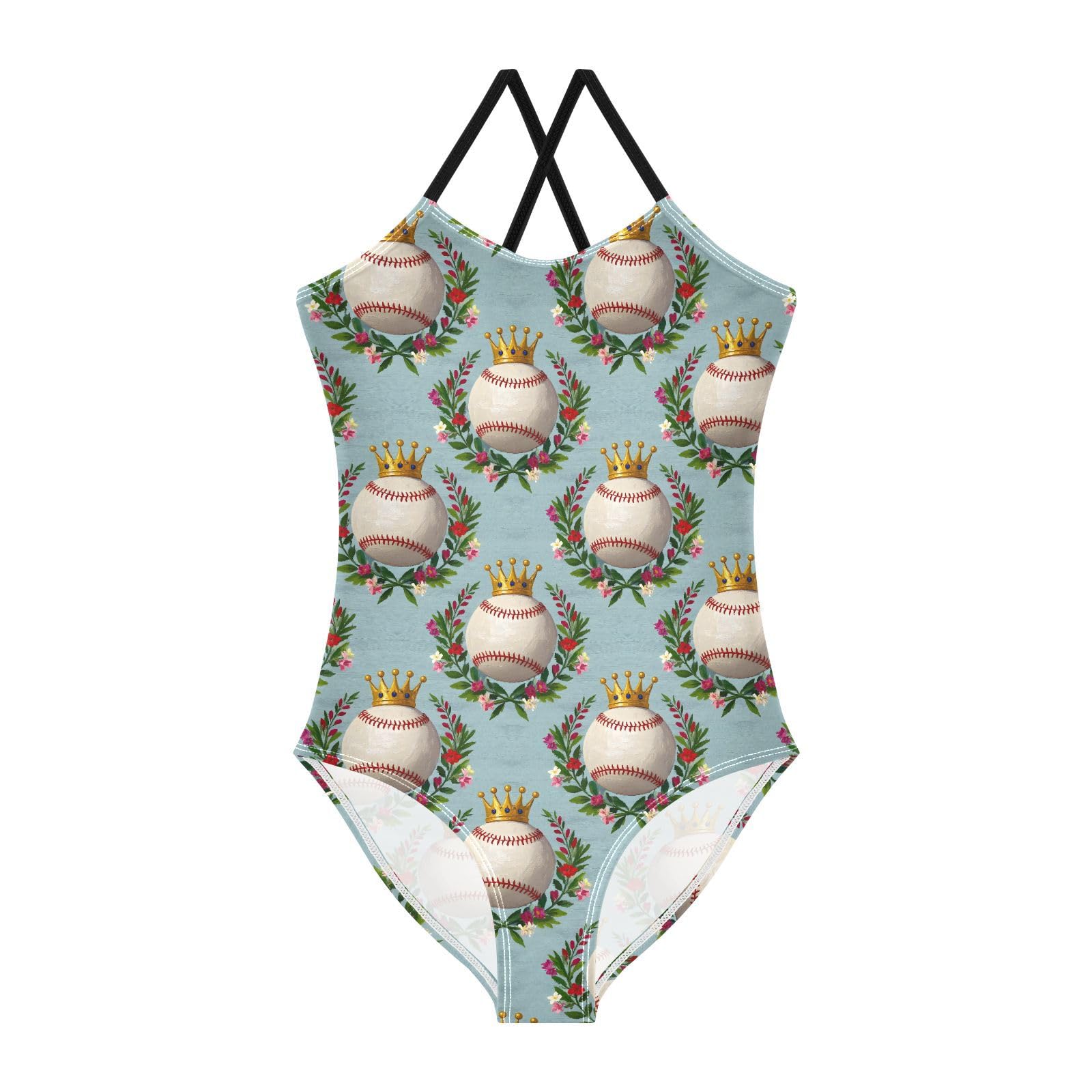 ALAZA Baseball Crown Flower Cute Girls Swimsuit Bathing Suit Beach Swimwear One Piece 4T