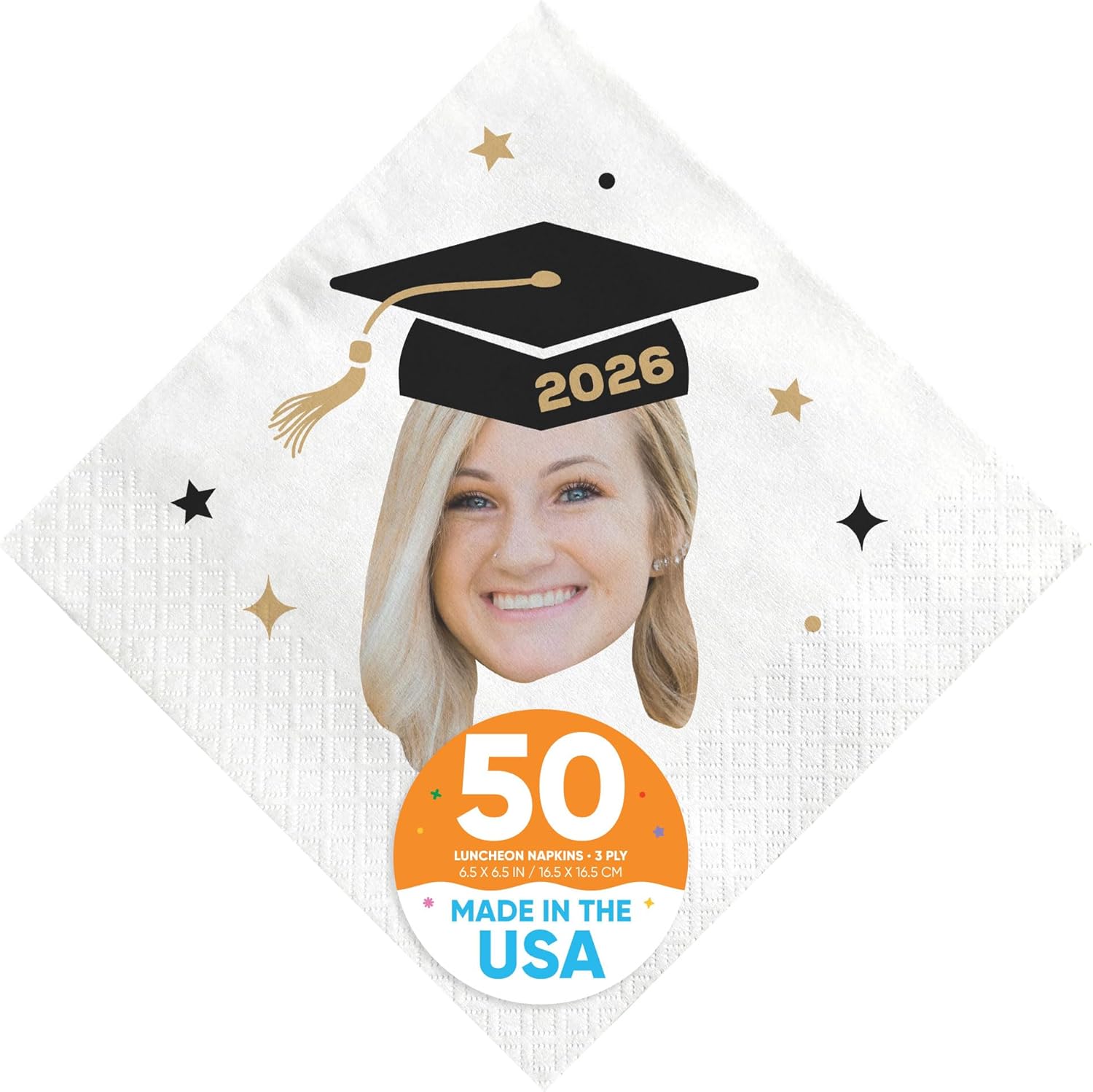 Big Dot of Happiness Custom Graduation Party Photo Napkins, Vibrant Color Printing on White 3-Ply Paper, Personalized Face Cutout with Class of 2026 Grad Cap Luncheon Napkins - 50 Count
